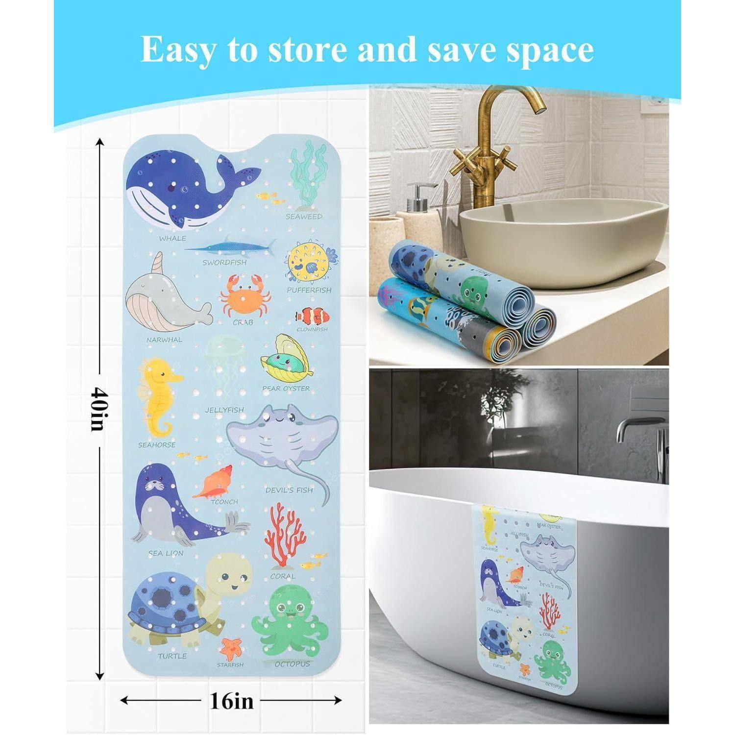 Werbebild einer wiederverwendbaren Badewannenschutzmatte, 40 x 16 Zoll, mit Cartoon-Meerestieren; gezeigt aufgerollt zur Lagerung und an einer Badewanne befestigt unter 