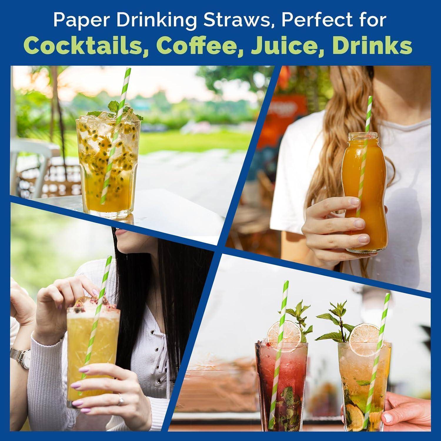 Promotional-Collage, die grün gestreifte Papier-Trinkhalme zeigt, die in Cocktails, Kaffee, Saft und anderen Getränken verwendet werden.