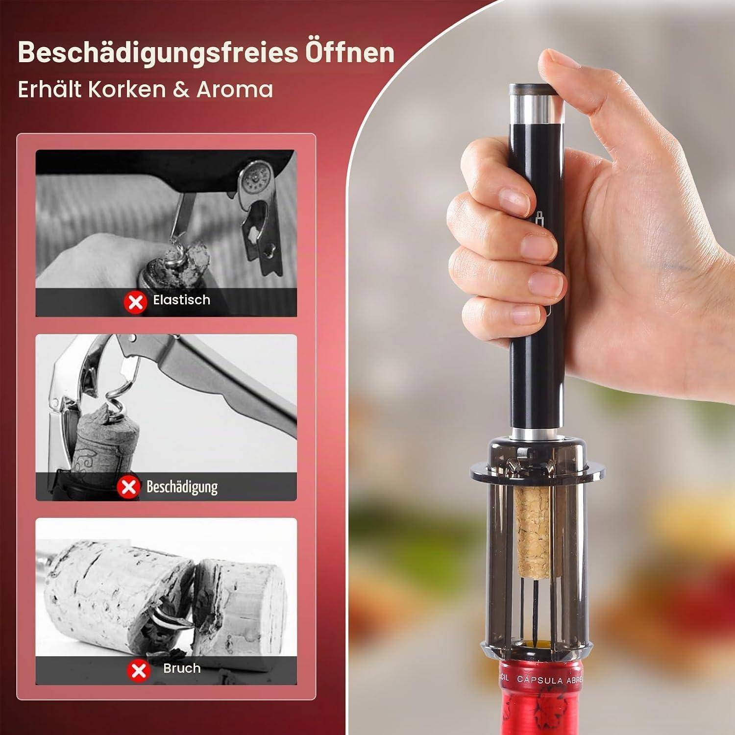 Hand, die einen Flaschenöffner benutzt, um einen Korken aus einer Weinflasche zu entfernen; deutscher Text besagt „Beschädigungsfreies Öffnen