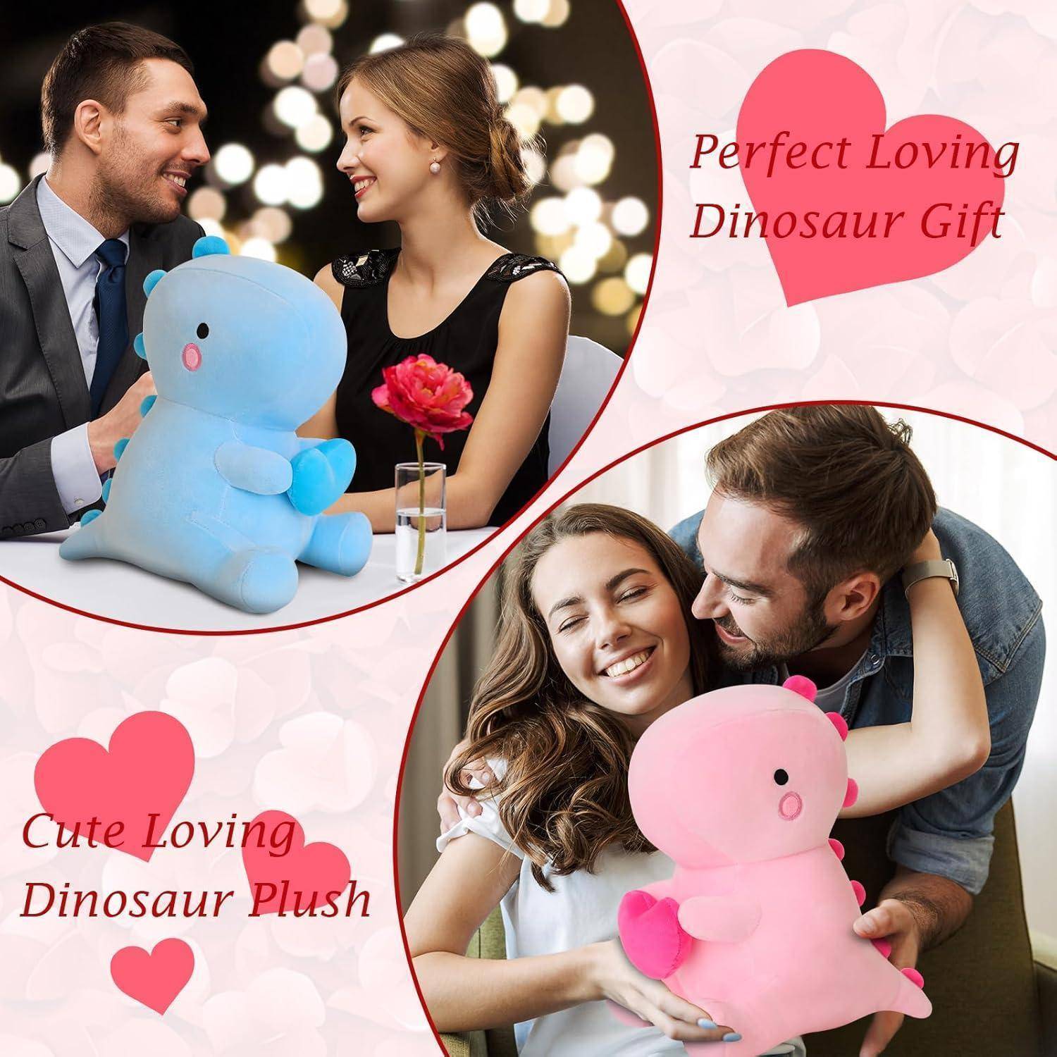 Werbecollage mit Paaren, die blaue und rosa Dinosaurier-Plüschtiere halten, mit Text „Perfektes liebendes Dinosaurier-Geschenk