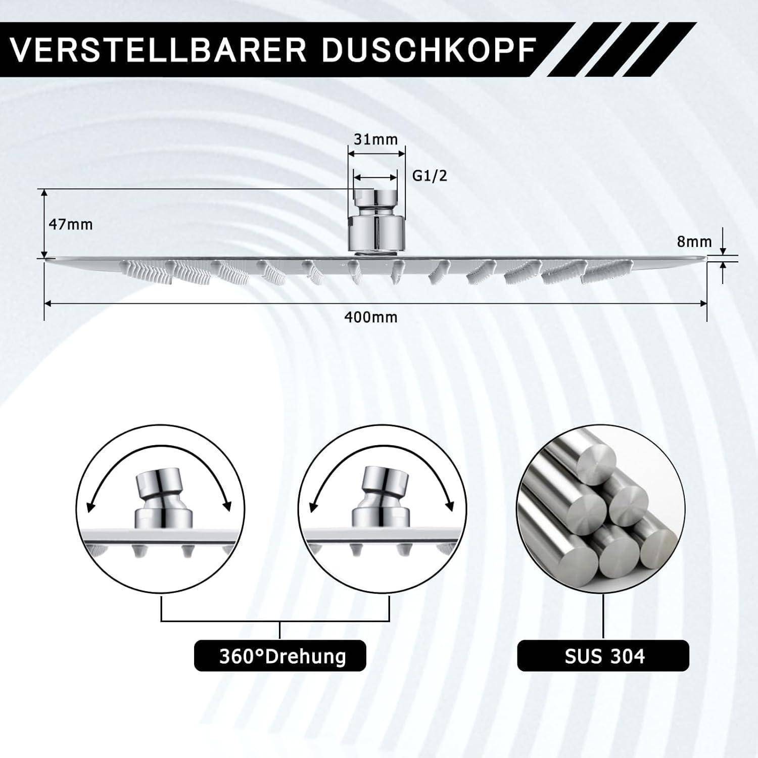 Duschkopf Regendusche 40x40cm/16 Zoll Quadrat, 304 Edelstahl Regendusche Duschkopf Wassersparender mit 324 Silikondüsen mit Antikalk-Funktion