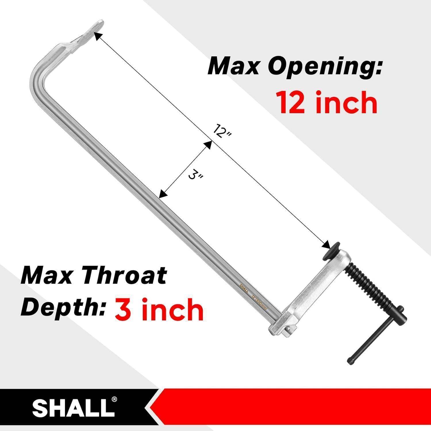 Diagramm einer Spannvorrichtung mit maximaler Öffnung von 12 Zoll und maximaler Spanntiefe von 3 Zoll, mit beschrifteten Messsmaßstäben und SHALL-Branding.