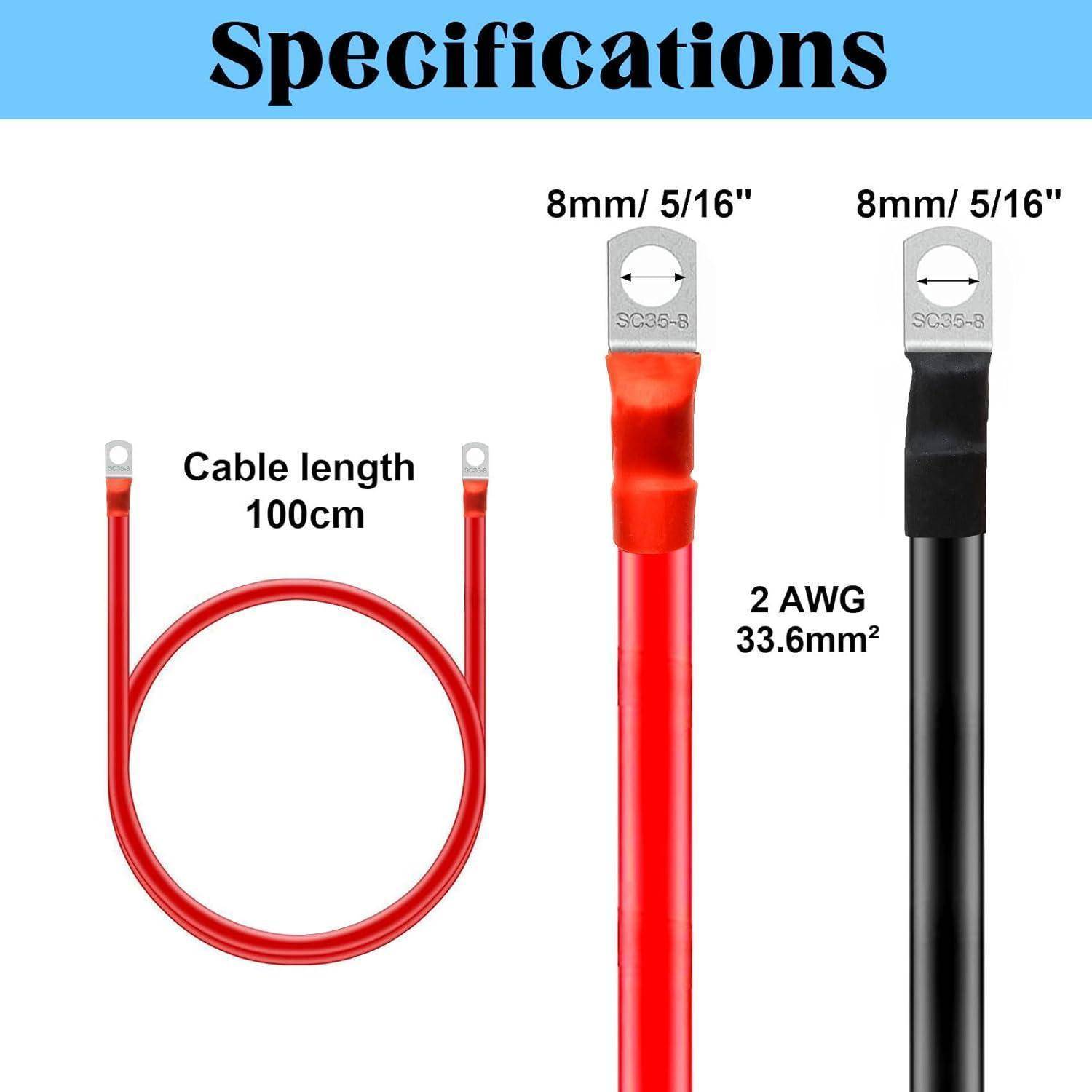 Spezifikationsdiagramm für ein rotes und schwarzes Kabel: 100 cm Kabellänge, 2 AWG 33,6 mm², mit 8 mm (5/16