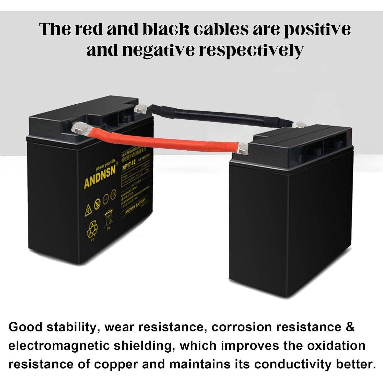 Zwei schwarze Batterien, die durch rote und schwarze Kabel verbunden sind, beschriftet mit „Die roten und schwarzen Kabel sind jeweils positiv und negativ