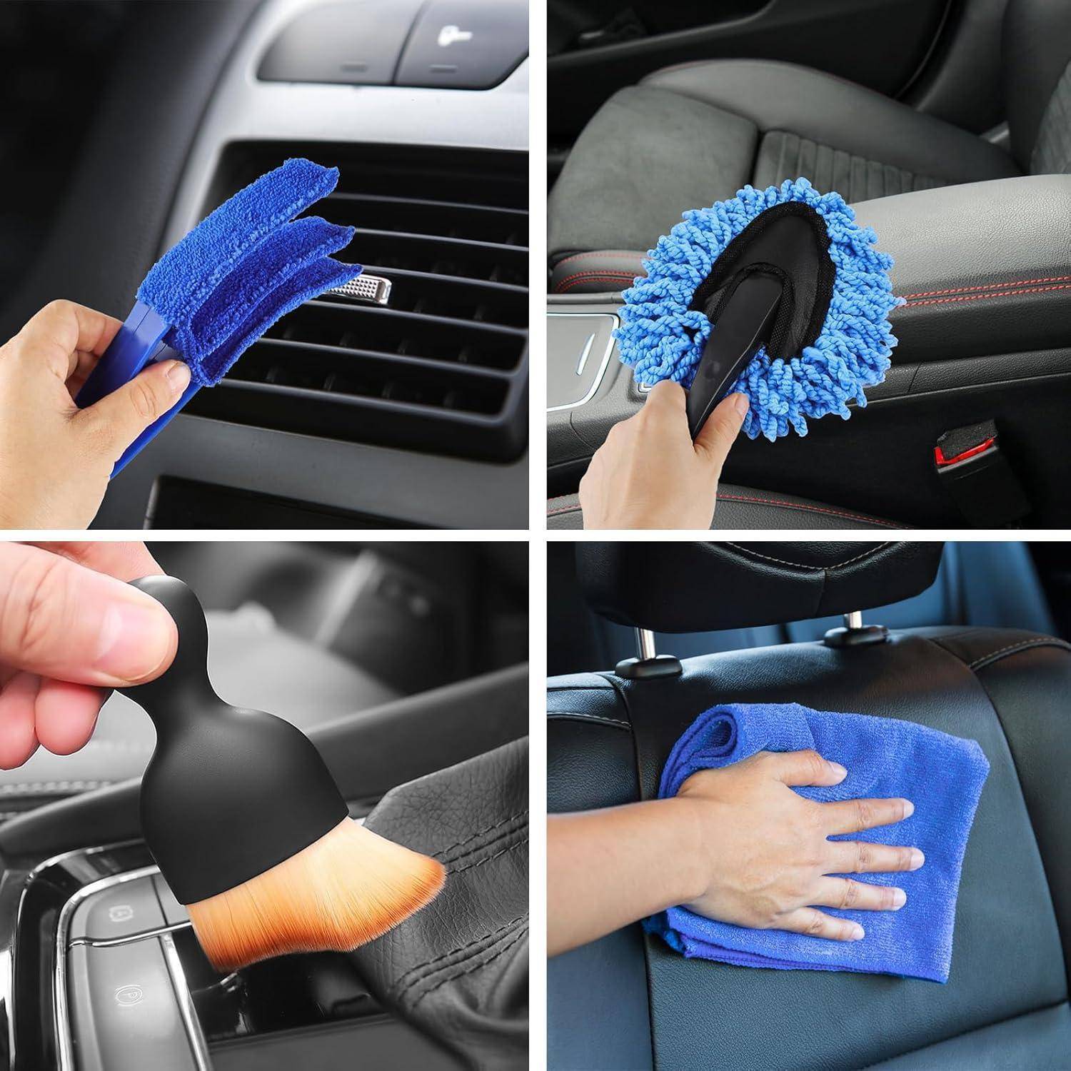 Collage von Autoreiniigungswerkzeugen: Mikrofaser-Staubwedel für Lüftungen, blaues Chenille-Handschuh für Oberflächen, kleine Bürste für Spalten und Tuch zum Abwischen der Sitzbezüge.