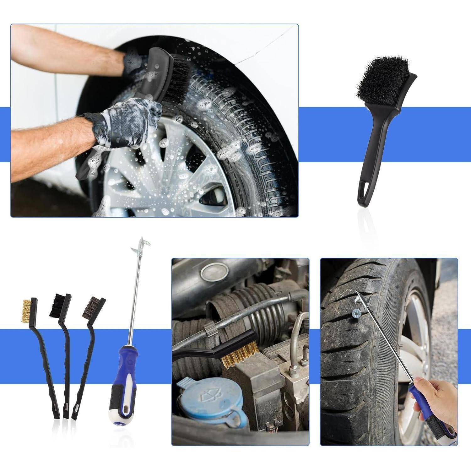 Collage aus Autowaschs- und Wartungswerkzeugen: Rad wird geschrubbt, Bürste und Schraubendreher, Motorraum-Bürste und Reifenprofiltiefenmesser.