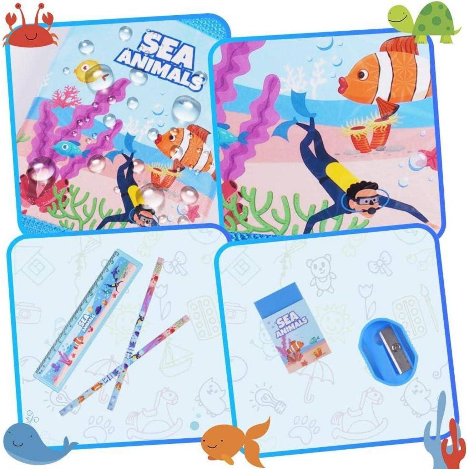 Collage von „MEERESTIEREN" Schulmaterial: unterwasser-themiertes Notizbuch, Stiftetui, Stifte, Radiergummi-Spitzer und ein Taucher mit Fischen und Korallen.