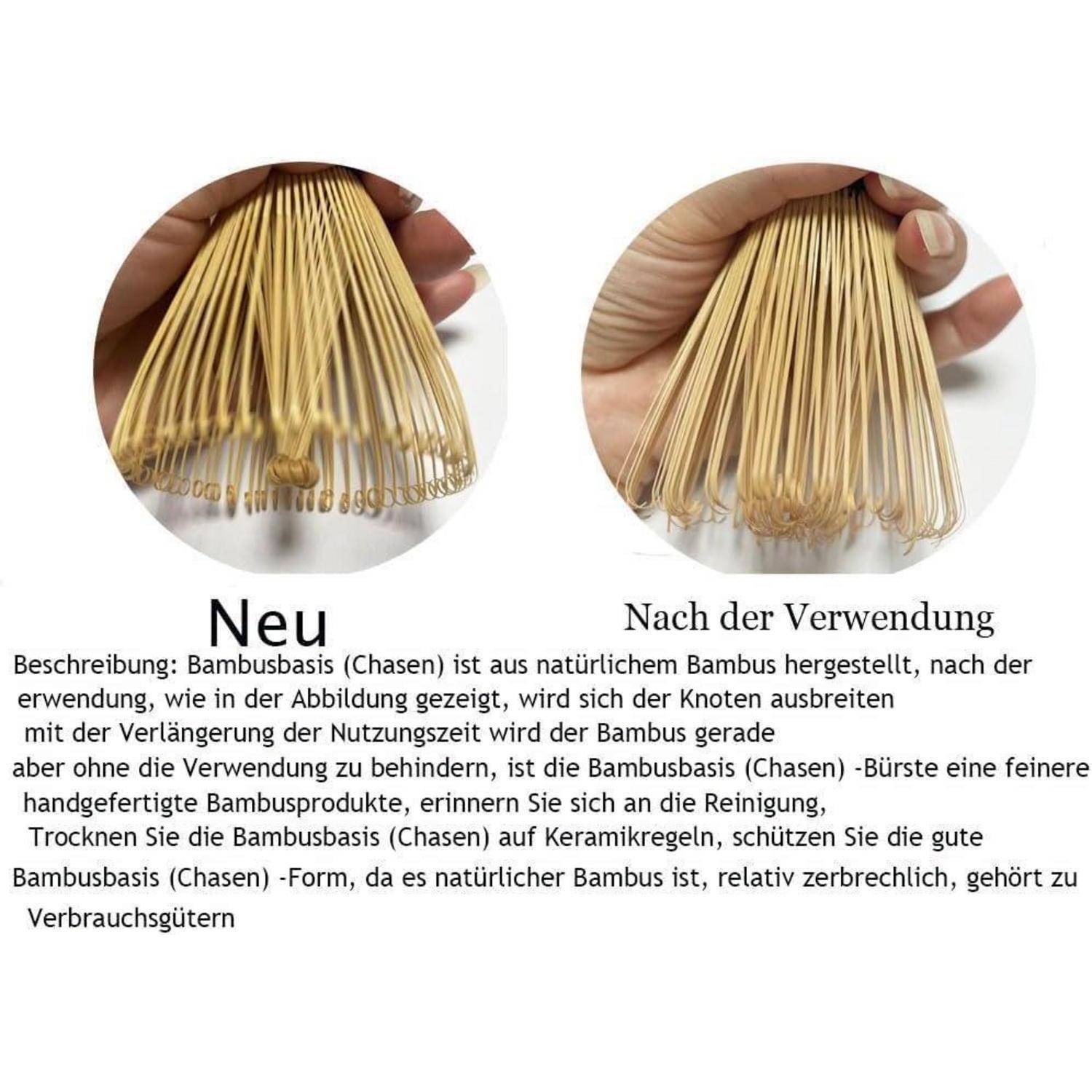Nebeneinander angeordnete Fotos einer Bambusbürste vor und nach Gebrauch, wobei die auseinandergefächerten Borsten zu sehen sind; deutscher Text erklärt, dass die Bambus-Zahnbürste ein zerbrechliches Verbrauchsprodukt ist.