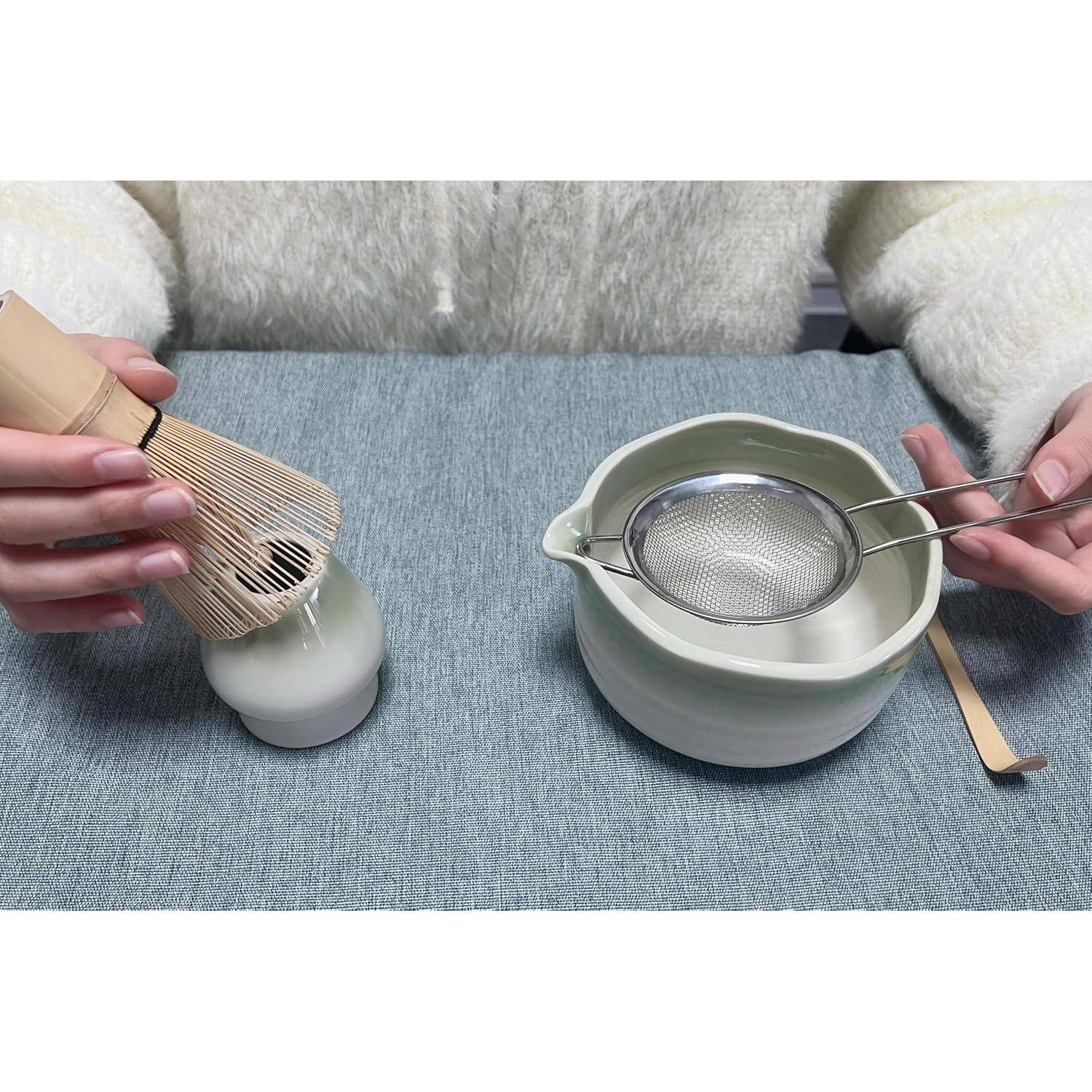 Matcha Set – Schale, Bambusbesen, Sieb, Löffel und Halter | Komplettes 5-teiliges Matcha-Tee-Set – für traditionelle japanische Teerituale(Welle