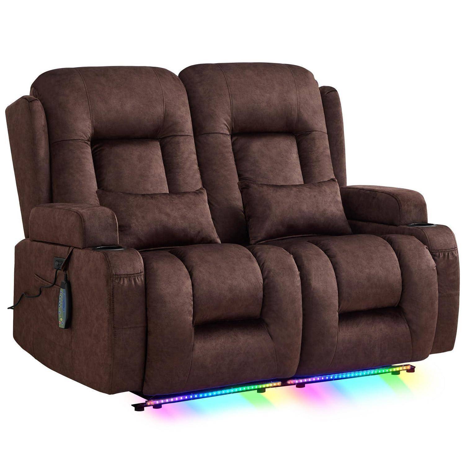 Braunes zweisitziges Liegesofa mit übergroßen Kissen und LED-Lichtleiste darunter.