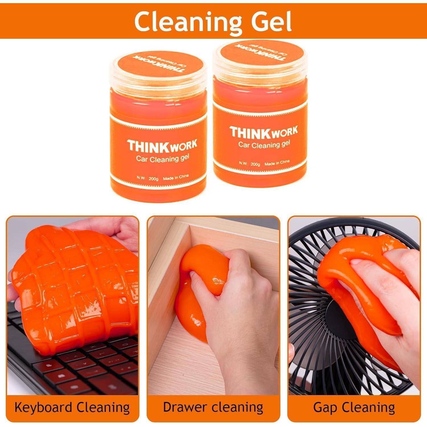 Produktbild von orangenen THINKWORK Autoreinigungs-Gel-Behältern mit Beispielen, die zeigen, wie das Gel Schmutz von einer Tastatur, aus einer Schublade und aus Lüftungsspalten aufnimmt.
