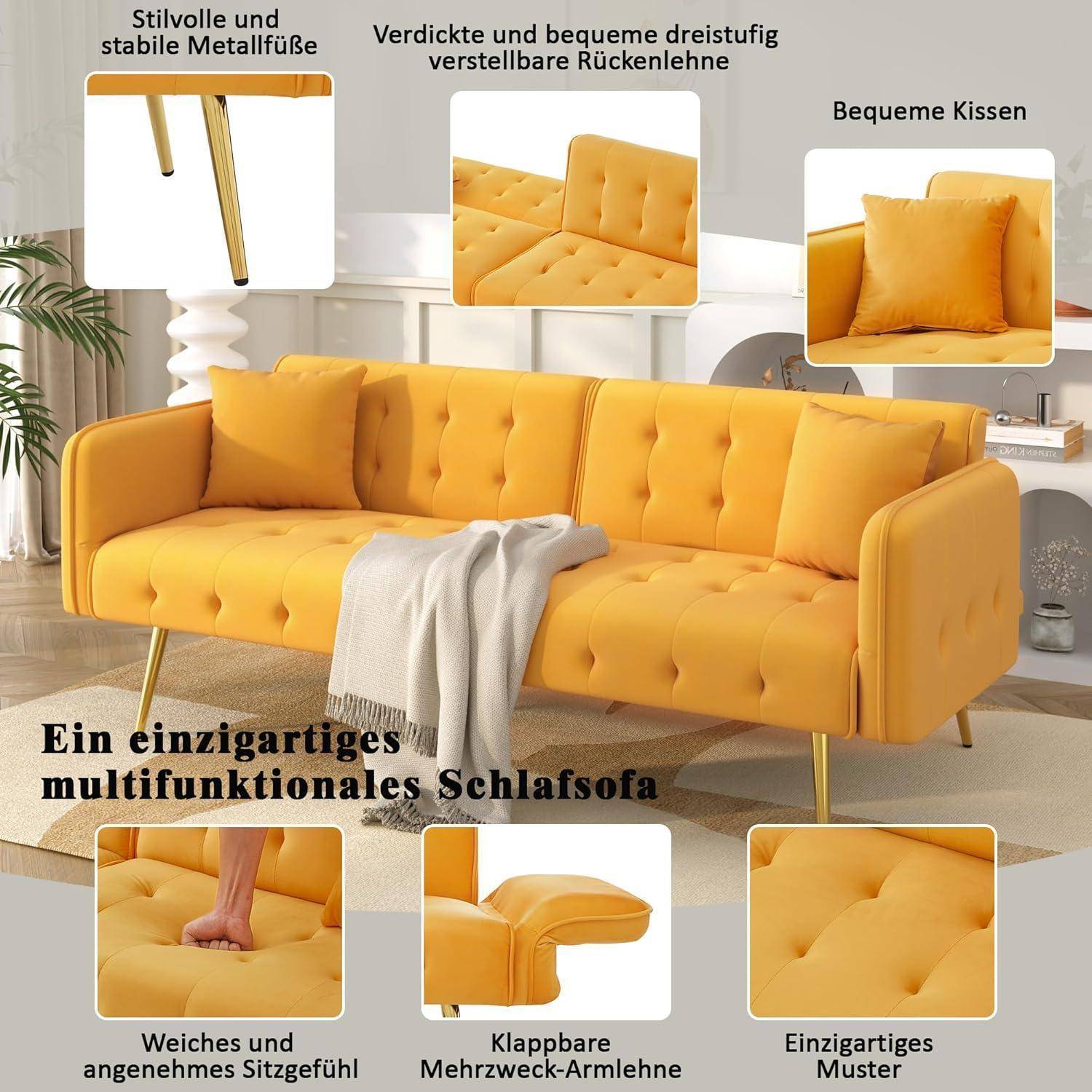 Gelbes multifunktionales Schlafsofa mit gesteppten Kissen, verstellbarer Rückenlehne, Metallbeinen, weichem Kissen und klappbaren Armlehnen; deutsche Funktionsetiketten werden angezeigt.
