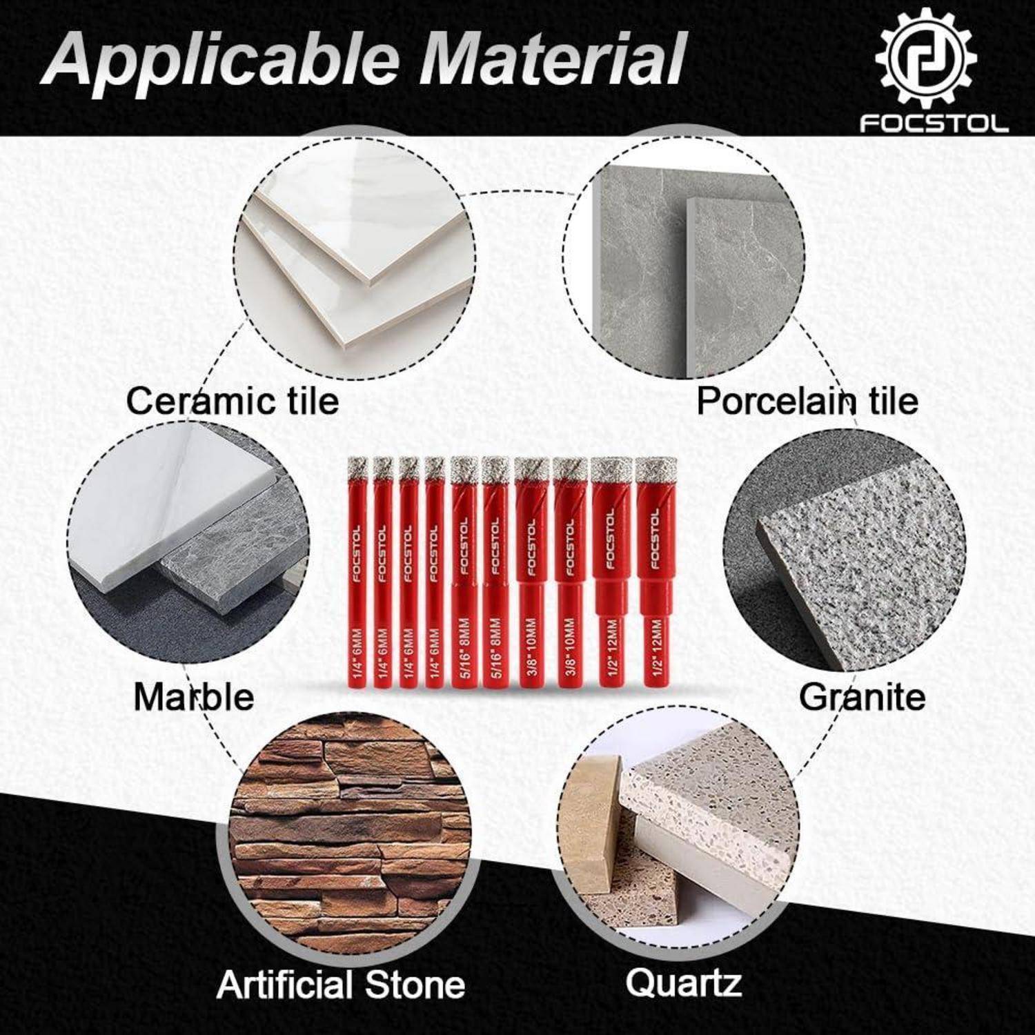 Infografik mit dem Titel „Anwendbares Material" zeigt Schneid- und Gravurarbeiten auf Keramikfliesen, Porzellanfliesen, Marmor, Granit, Kunststein und Quarz.