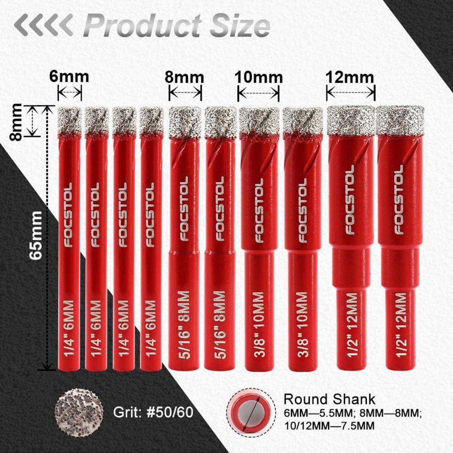 Produktgrößentabelle mit roten FOCTSTOL-Schleifbits in 6mm, 8mm, 10mm und 12mm Breite, 65mm Länge mit 8mm Kopf; Körnung #50/60 und aufgelistete runde Schaftgrößen.