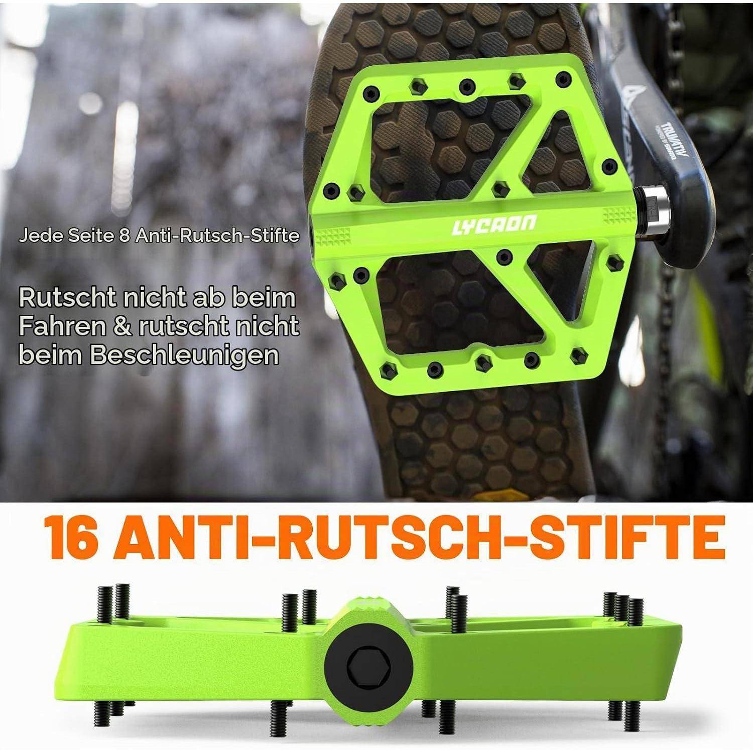 Promotionsbild eines hellen grünen Fahrradpedals mit rutschfesten Stiften, dargestellt am Fahrrad und als Produktansicht, mit deutschem Text, der „16 rutschfeste Stifte" bewirbt und besseren Grip beim Fahren und Beschleunigen verspricht.