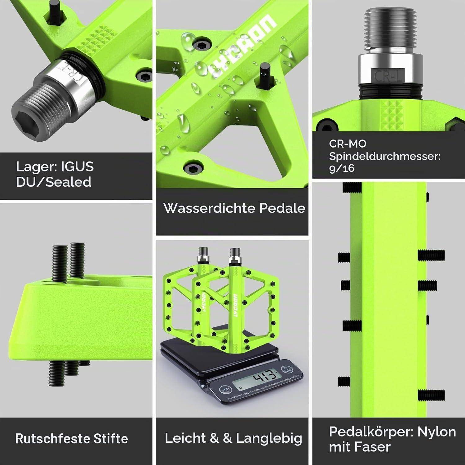 Collage aus leuchtend grünen Pedal-Komponenten, die ein wasserdichtes, leichtes, langlebiges Pedal mit IGUS DU/versiegeltem Lager, CR-MO-Achse, rutschfesten Stiften und Nylonfaser-Körper zeigt.