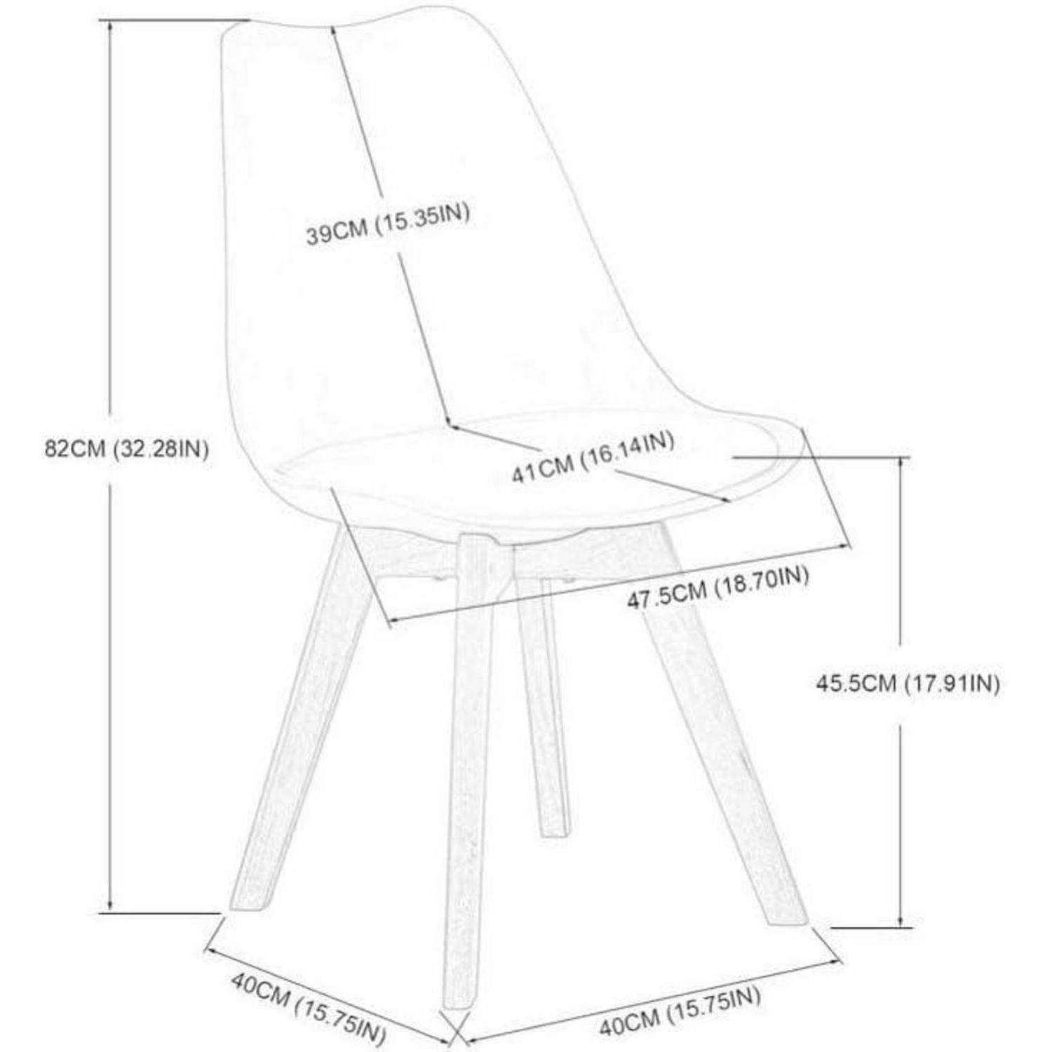 Maßstabgetreue Linienzeichnung eines modernen Stuhls mit einer Gesamthöhe von 82 cm, Sitzhöhe von 45,5 cm, Sitztiefe von 41 cm, Sitzbreite von 47,5 cm und Beingestell von 40 cm mal 40 cm.
