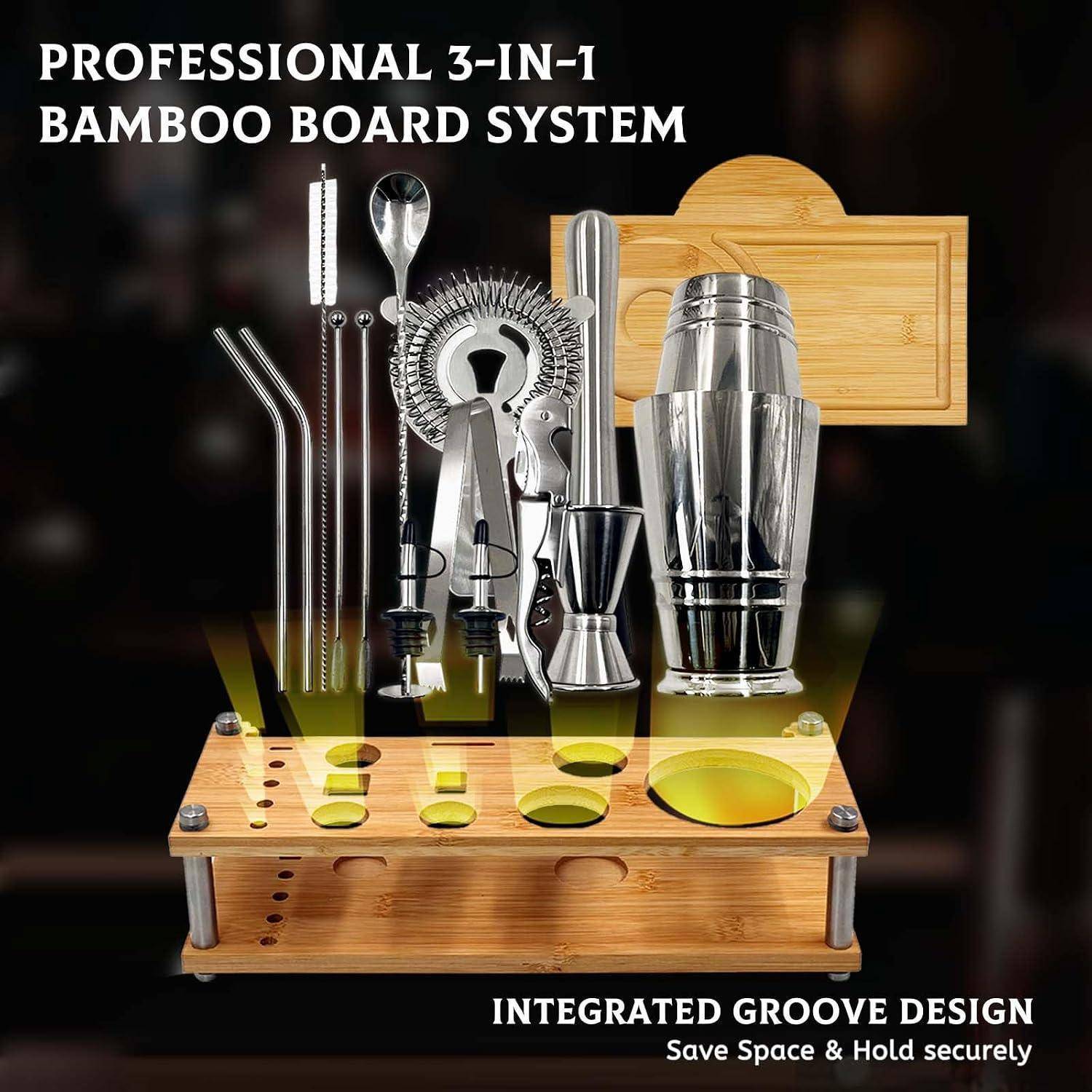 Daily Treasures Professionelles Cocktailshaker-Set mit Bambus-Ständer &amp; Salzrander, 16-teiliges Barkeeper Set für Hausbar (825ml Boston Shaker) - In