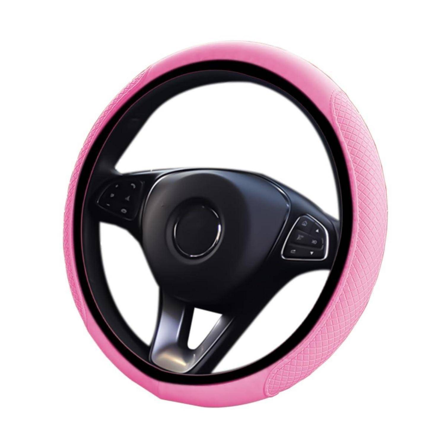 Schwarzes Lenkrad mit rosa strukturierter Abdeckung und integrierten Steuertasten auf weißem Hintergrund.