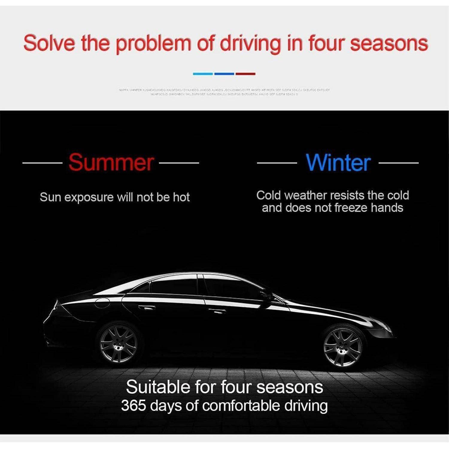Autowerbung zeigt eine schwarze Limousine mit der Überschrift „Lösen Sie das Problem des Fahrens in vier Jahreszeiten"; Der Text hebt den Sommer- und Winterkomfort hervor und besagt, dass sie sich für alle vier Jahreszeiten eignet, 365 Tage komfortables Fahren.