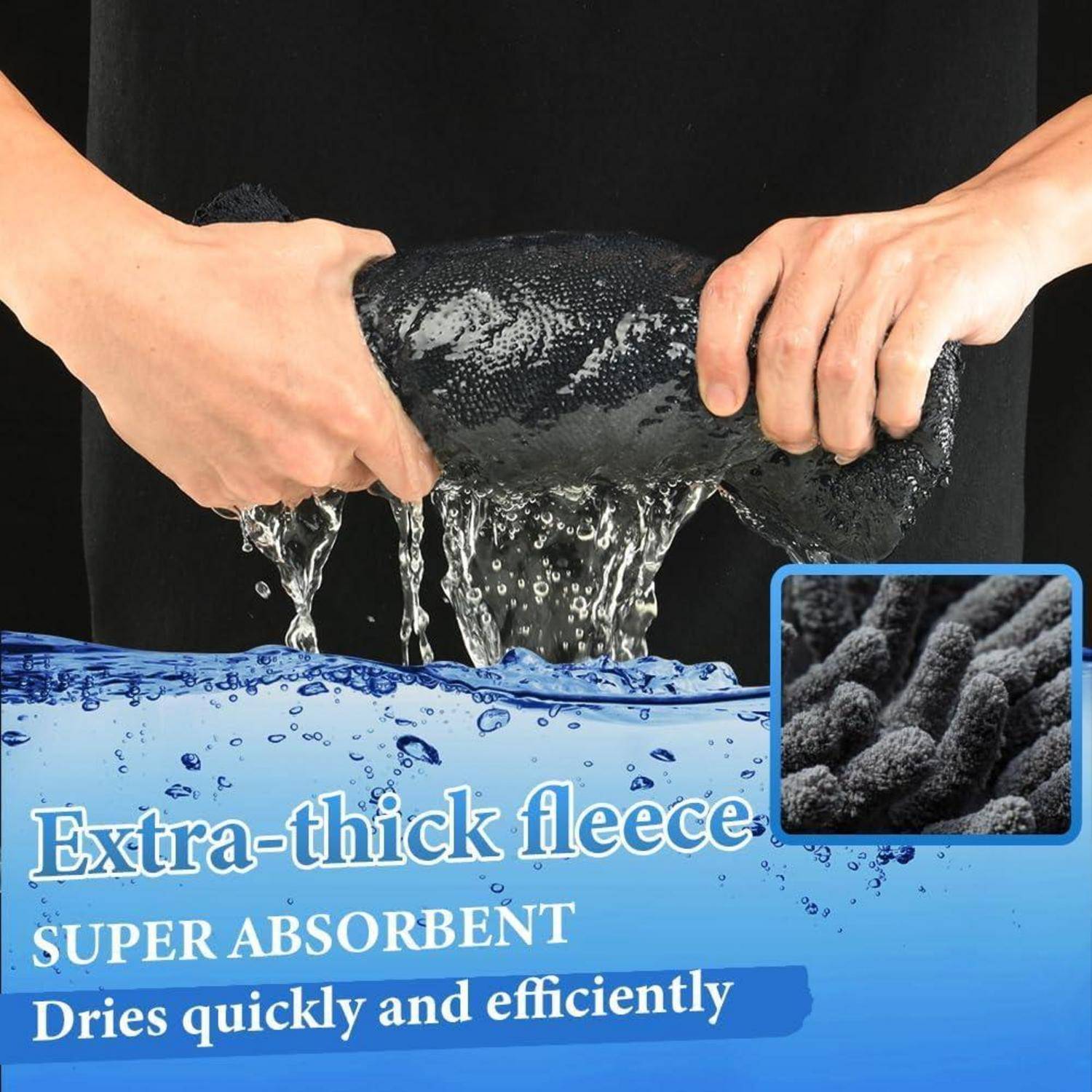Hände wringen Wasser aus einem schwarzen, extra dicken Fleece-Handtuch, mit Text, der es als superabsorbierend und schnelltrocknend bewirbt.