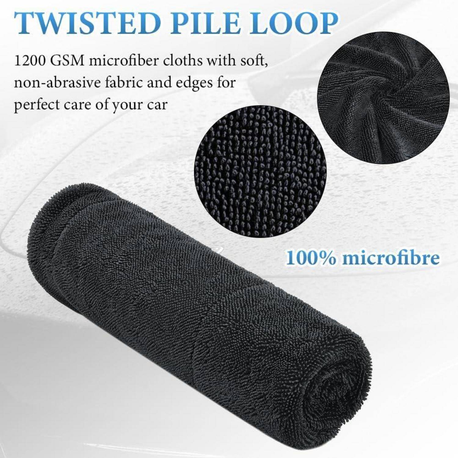 Produktabbildung einer schwarzen gedrehten Flor-Schleifenrolle aus Mikrofaser, gekennzeichnet mit „1200 GSM" und „100% Mikrofaser"" für sanfte, nicht-abrasive Autopflege.