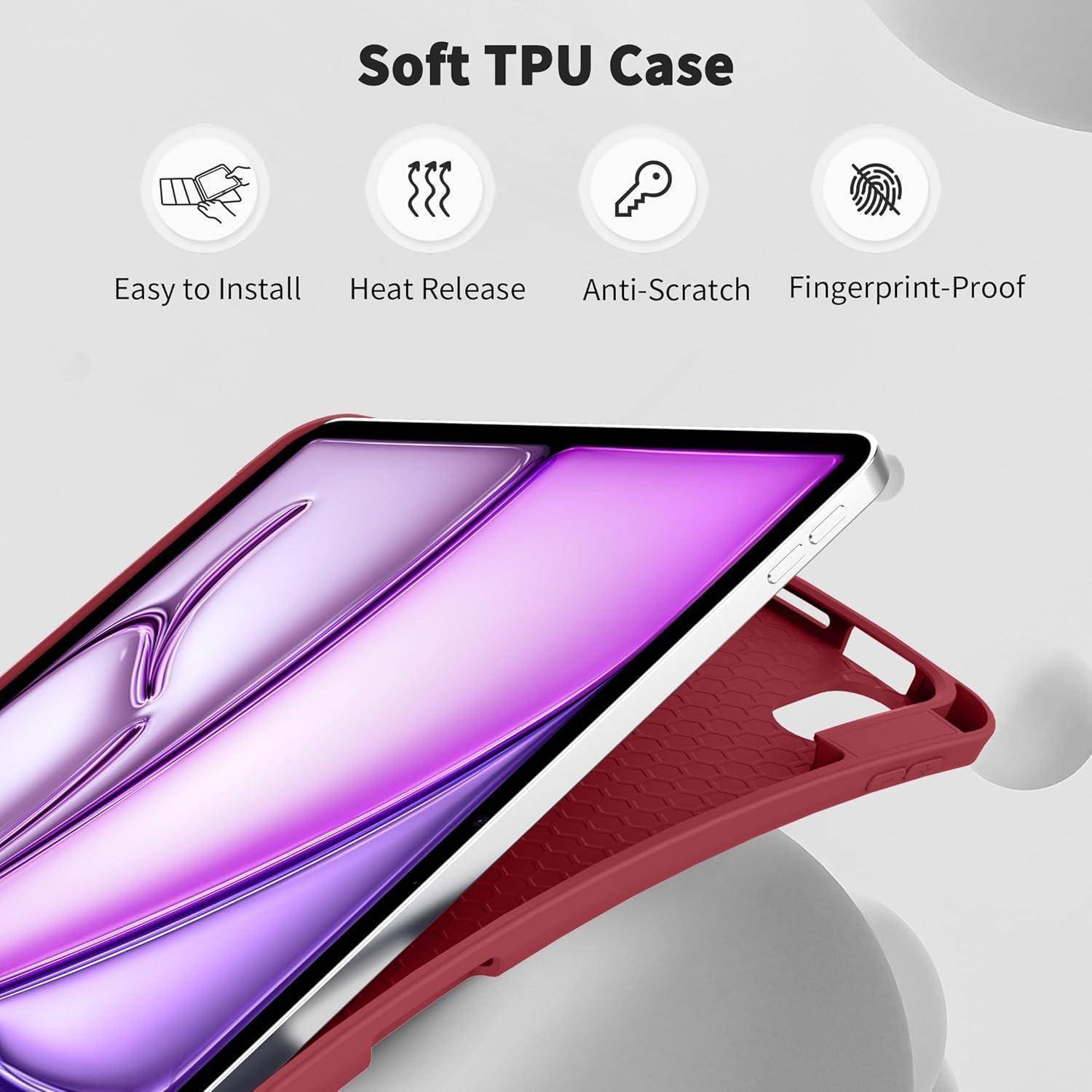 Werbegrafik eines roten, weichen TPU-Handyhülle mit einem Smartphone, die einfache Installation, Wärmeableitung, Kratzerbeständigkeit und Fingerabdruckschutz hervorhebt.