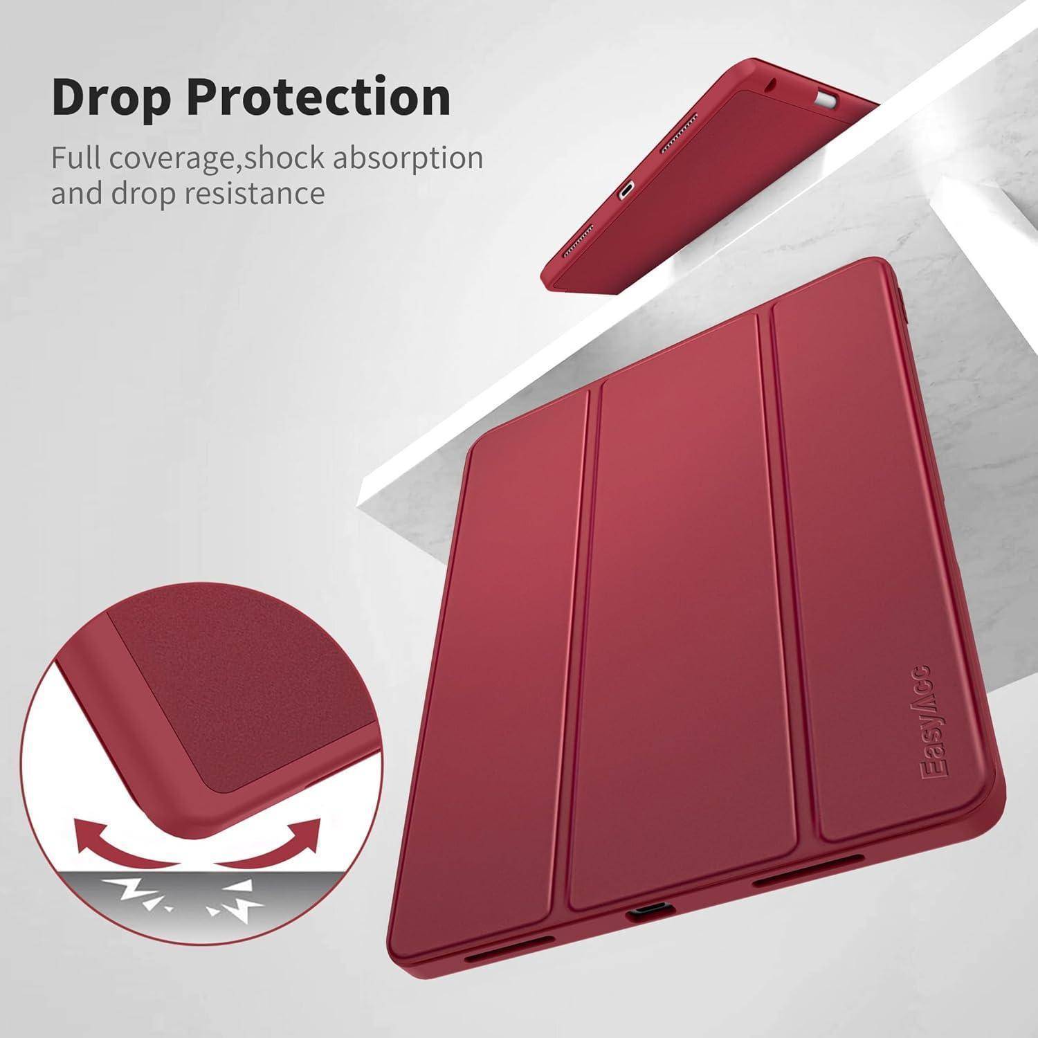 Rote Tablet-Schutzhülle mit der Aufschrift „Drop Protection" (Fallschutz), die vollständige Abdeckung, Stoßdämpfung und Fallbeständigkeit mit einer Eckenaufprall-Detailansicht zeigt.