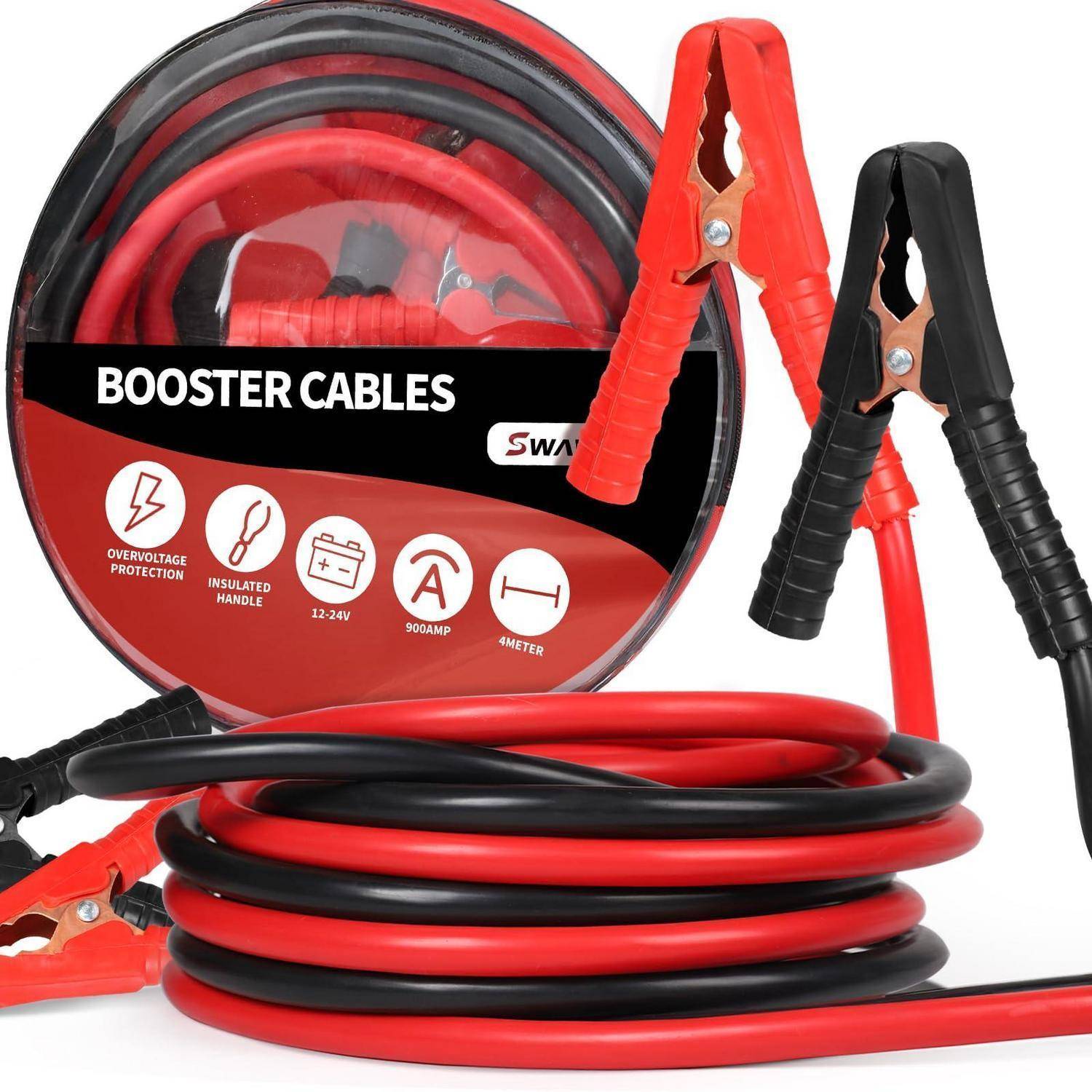 Rote und schwarze Starthilfekabel mit Krokodilklemmen in einem Tragekoffer, gekennzeichnet für 12-24V, 800A und 4 Meter Länge.