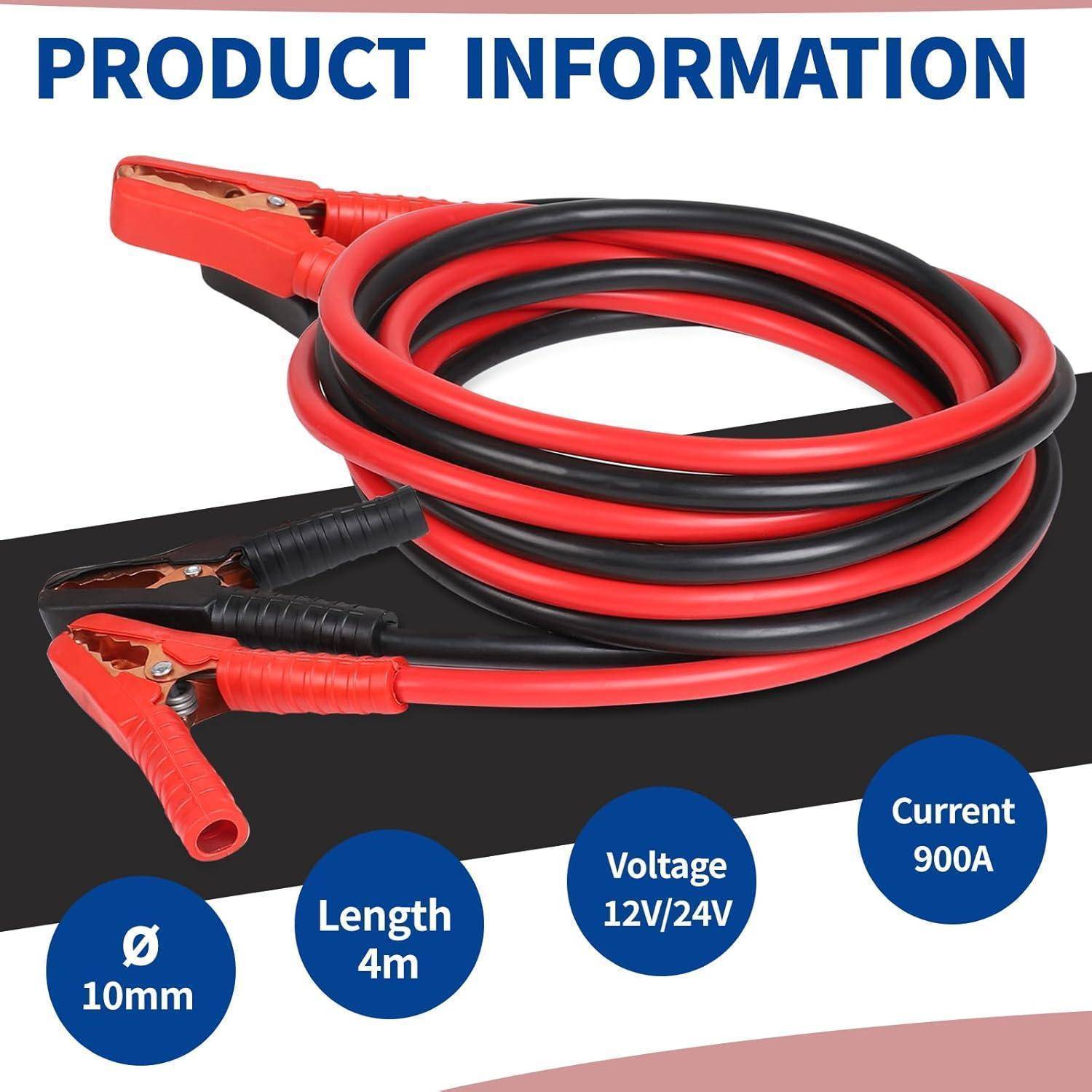 Produktinformationen Grafik zeigt Starthilfekabel, 4m lang, 10mm Durchmesser, für 12V/24V mit 900A Strombelastbarkeit.