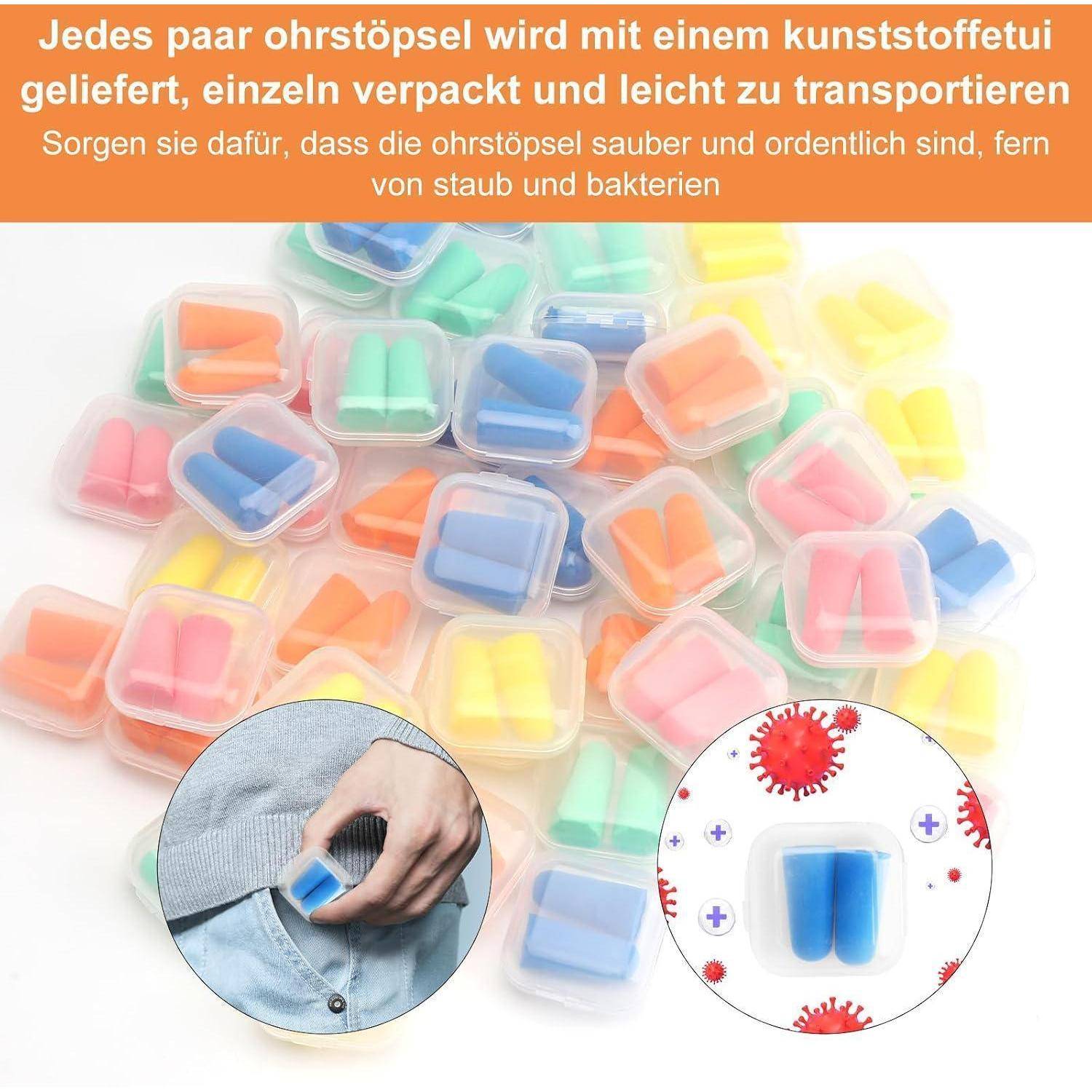 Illustration vieler einzeln verpackter bunter Ohrstöpsel in Kunststoffboxen, mit Vergrößerungen, die eine Person zeigen, wie sie einen herausnimmt, und einen keimfreien Behälter.