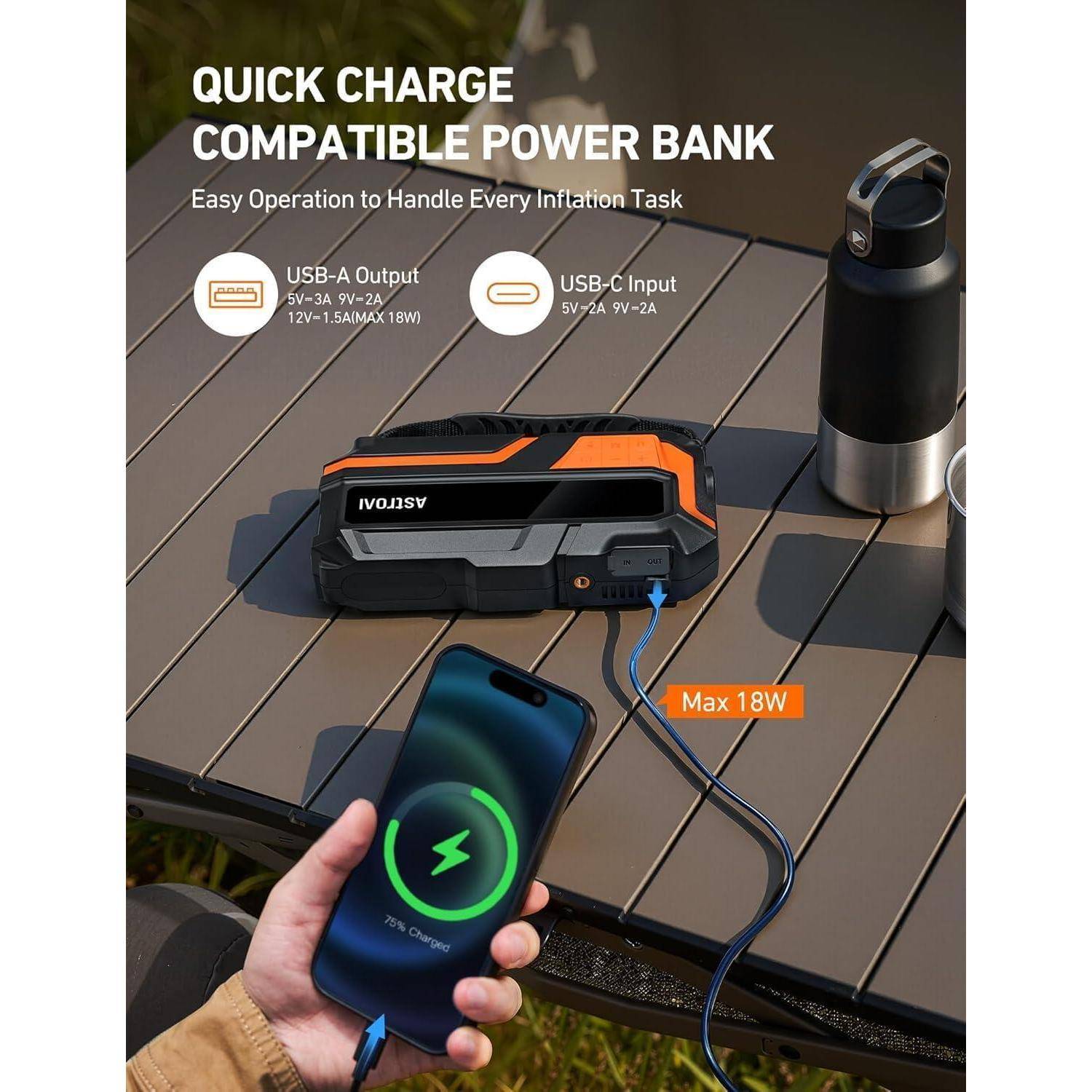 Tragbares Powerbank auf einem Tisch lädt ein Smartphone auf; gekennzeichnet mit „Quick Charge kompatibles Powerbank