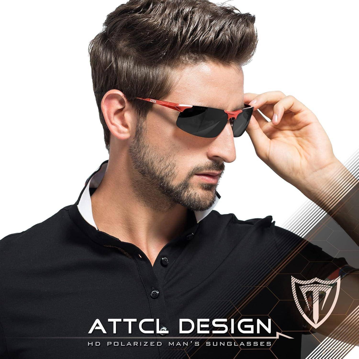 Mann, der rote und schwarze Sonnenbrille trägt, stellt diese ein, mit Werbetexten „ATTCL DESIGN