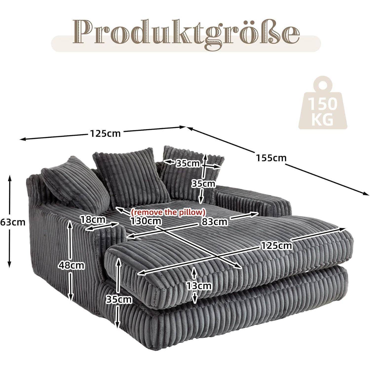 Produktgrößendiagramm eines grauen modularen Schlafsofa mit entfernten Kissen, mit Abmessungen: 125 cm, 155 cm, 130 cm, 83 cm, 63 cm, 48 cm, 35 cm, 18 cm und 13 cm; Gewichtslimit 150 kg.