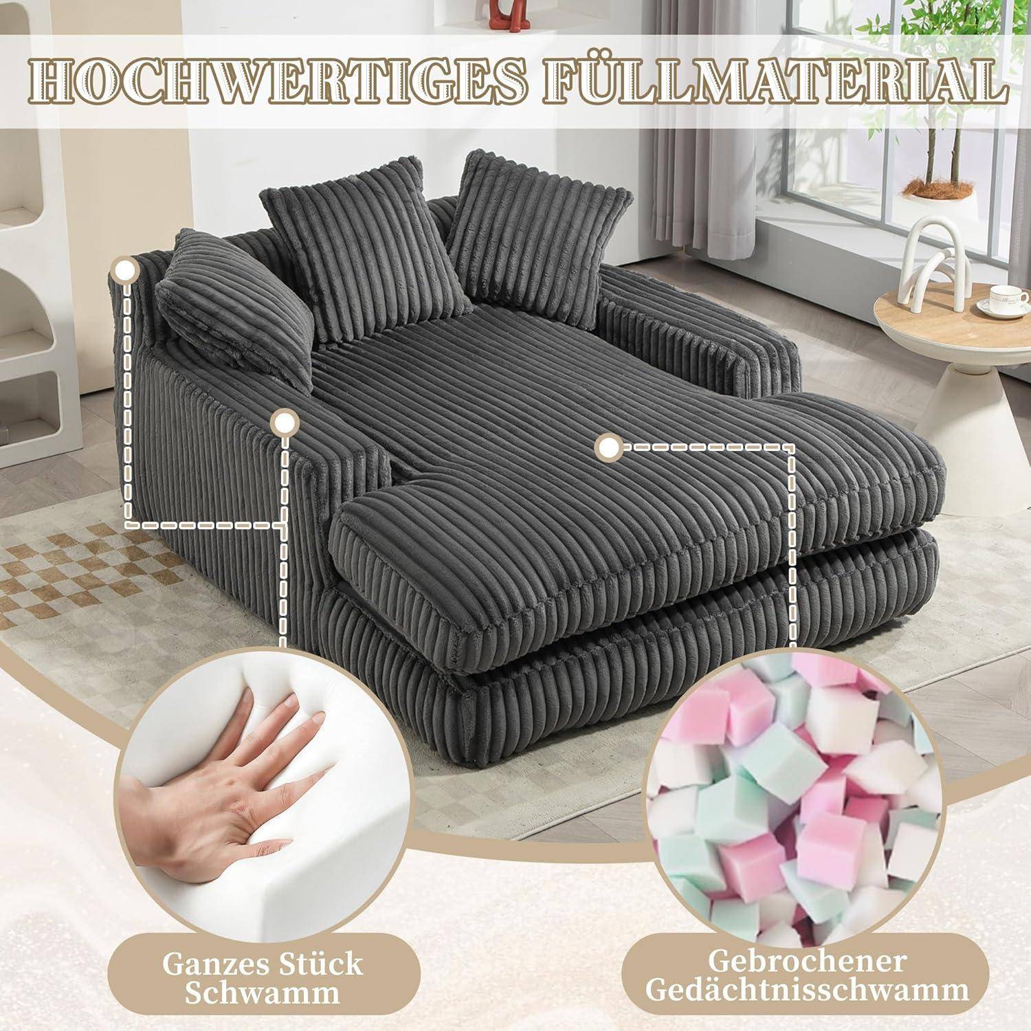 Anzeige für ein dunkelgraues Kordsamt-Schlafsofa mit Kissen, gekennzeichnet als 'Hochwertiges Füllmaterial' und zeigt Schaumfüllungstypen 'Vollständiger Blockschaum' und 'Zerkleinerter Memory-Schaum'.