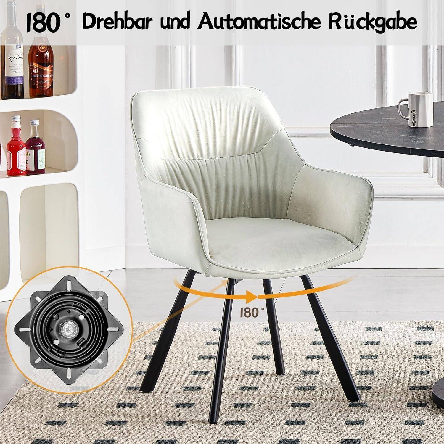 LEWE Esszimmerstühle 4er Set Drehbar, 180° Drehstuhl, Ergonomisch Polsterstuhl, Küchenstühle mit Armlehne, Metallbeine, Kurzflor-Stoff für Esszim