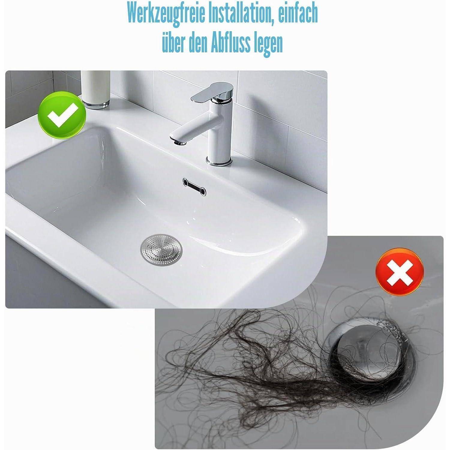 Infografik zur Anleitung, die einen korrekt über dem Abfluss installierten Spülbeckensieb mit einem grünen Haken zeigt und Haare, die einen Abfluss verstopfen, mit einem roten X; deutscher Text besagt „werkzeuglose Installation, einfach über den Abfluss legen