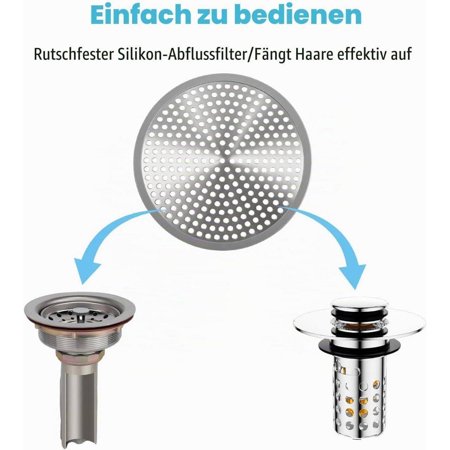 Infografik eines Silikon-Haarfängers für Abflüsse; Text sagt „Einfach zu bedienen