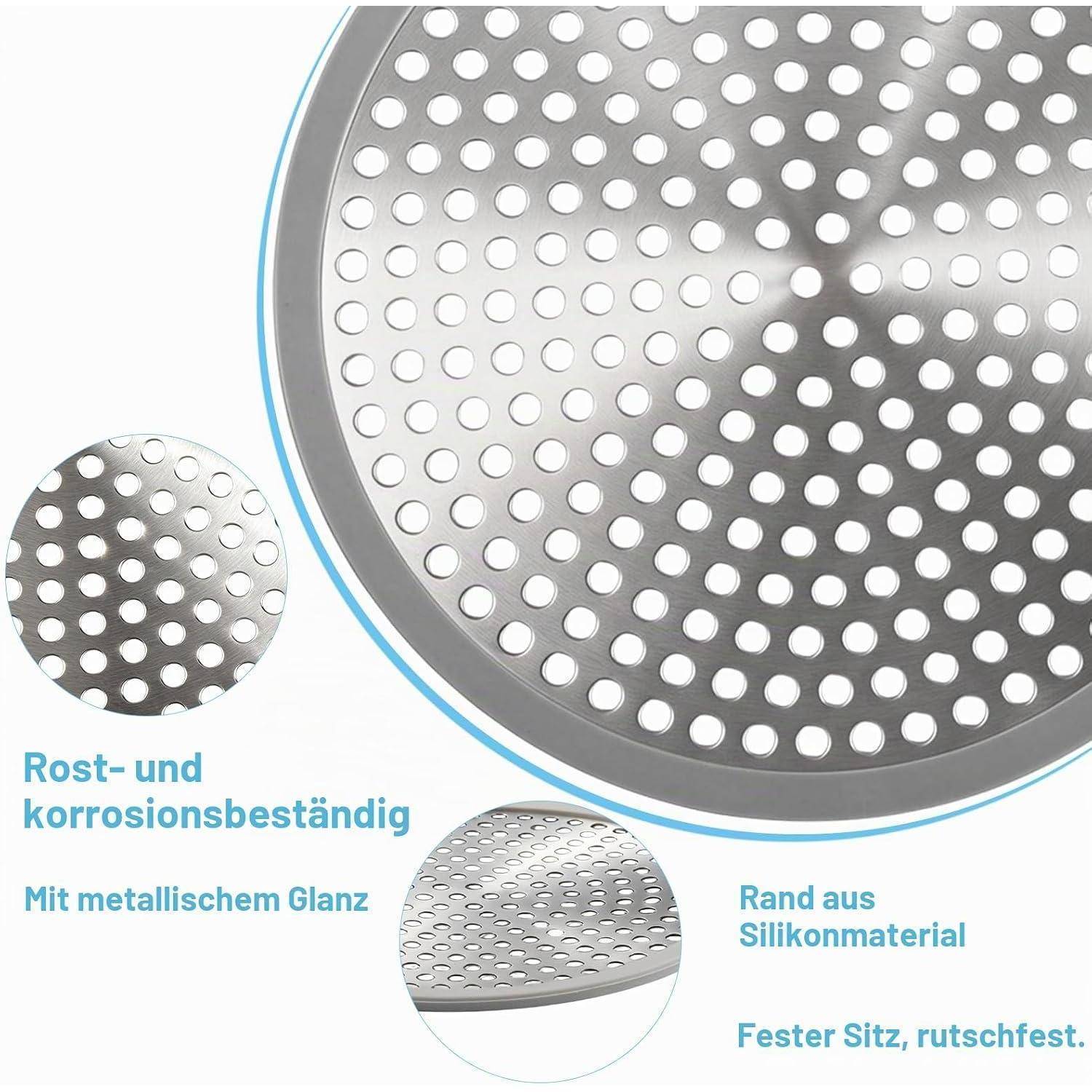 Produktnahaufnahme eines perforierten Metallblatts oder Gestells, auf Deutsch gekennzeichnet als rost- und korrosionsbeständig, mit metallischem Glanz, Silikonkante und rutschfestem Sitz.