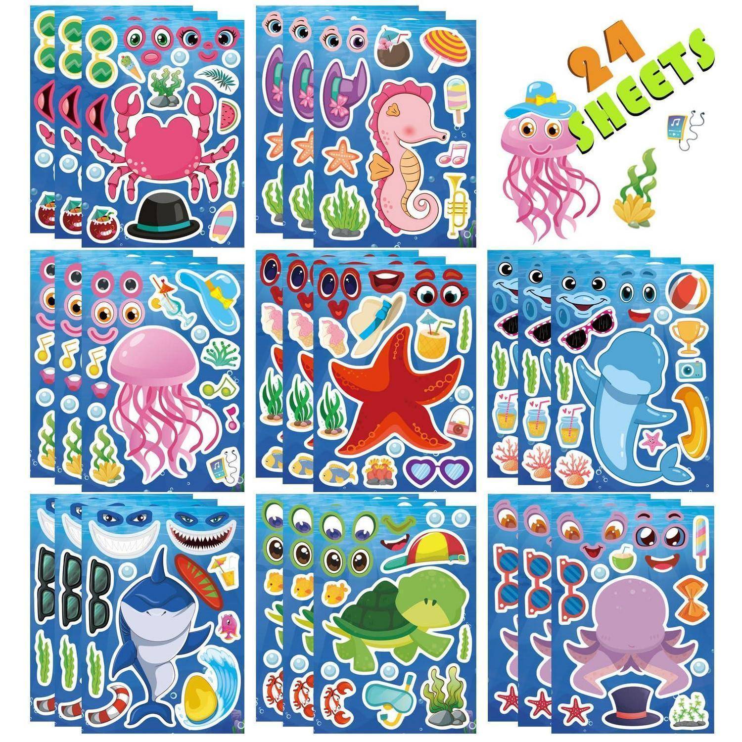 Eine Collage aus bunten, meeresthematischen Aufkleberbogen mit Cartoon-Meerestieren wie Krabbe, Seepferdchen, Qualle, Oktopus, Seestern, Delfin, Hai, Schildkröte und Wal.