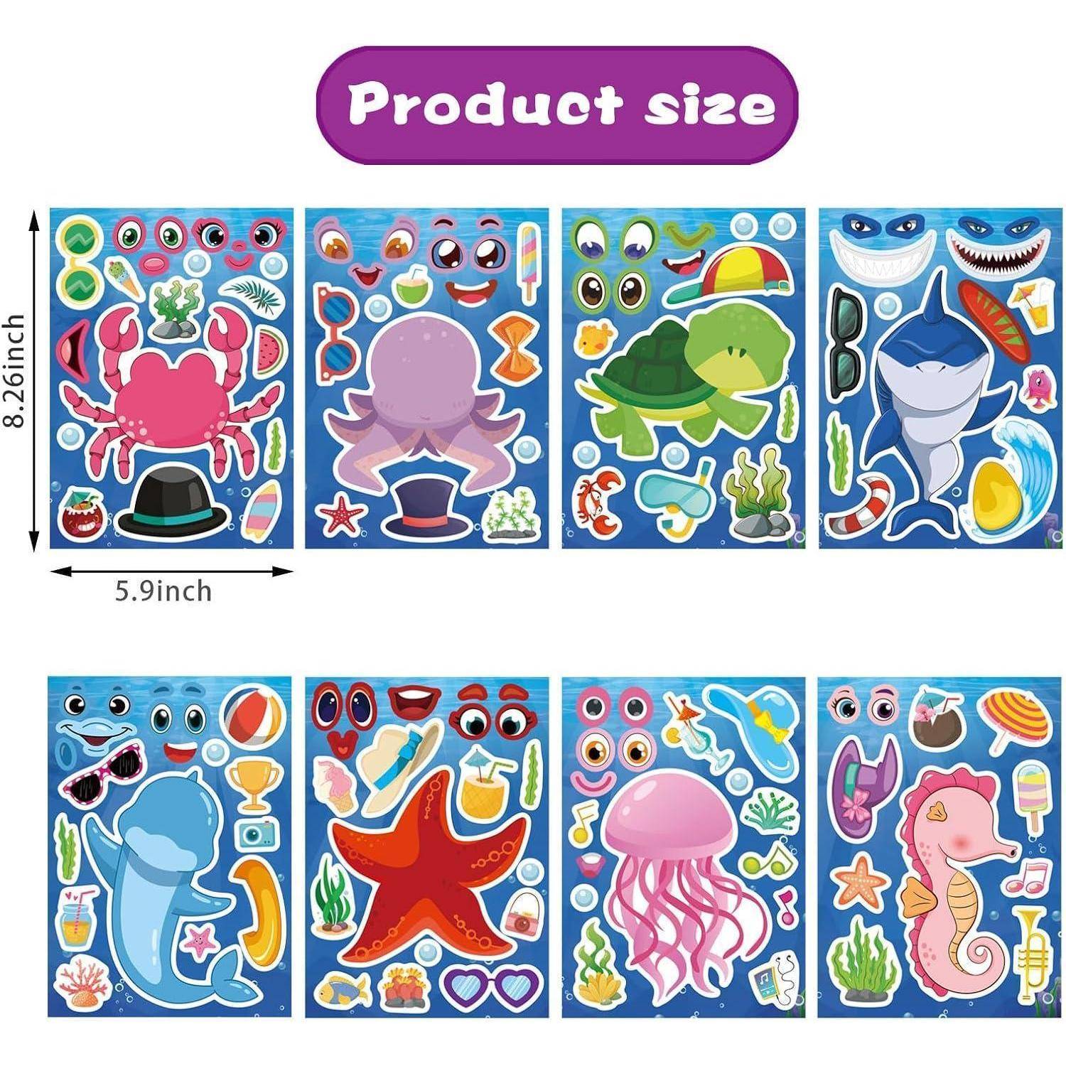 Produktgrößentabelle mit acht bunten Aufklebern von Meerestieren; jedes Blatt misst 8,26 Zoll mal 5,9 Zoll.
