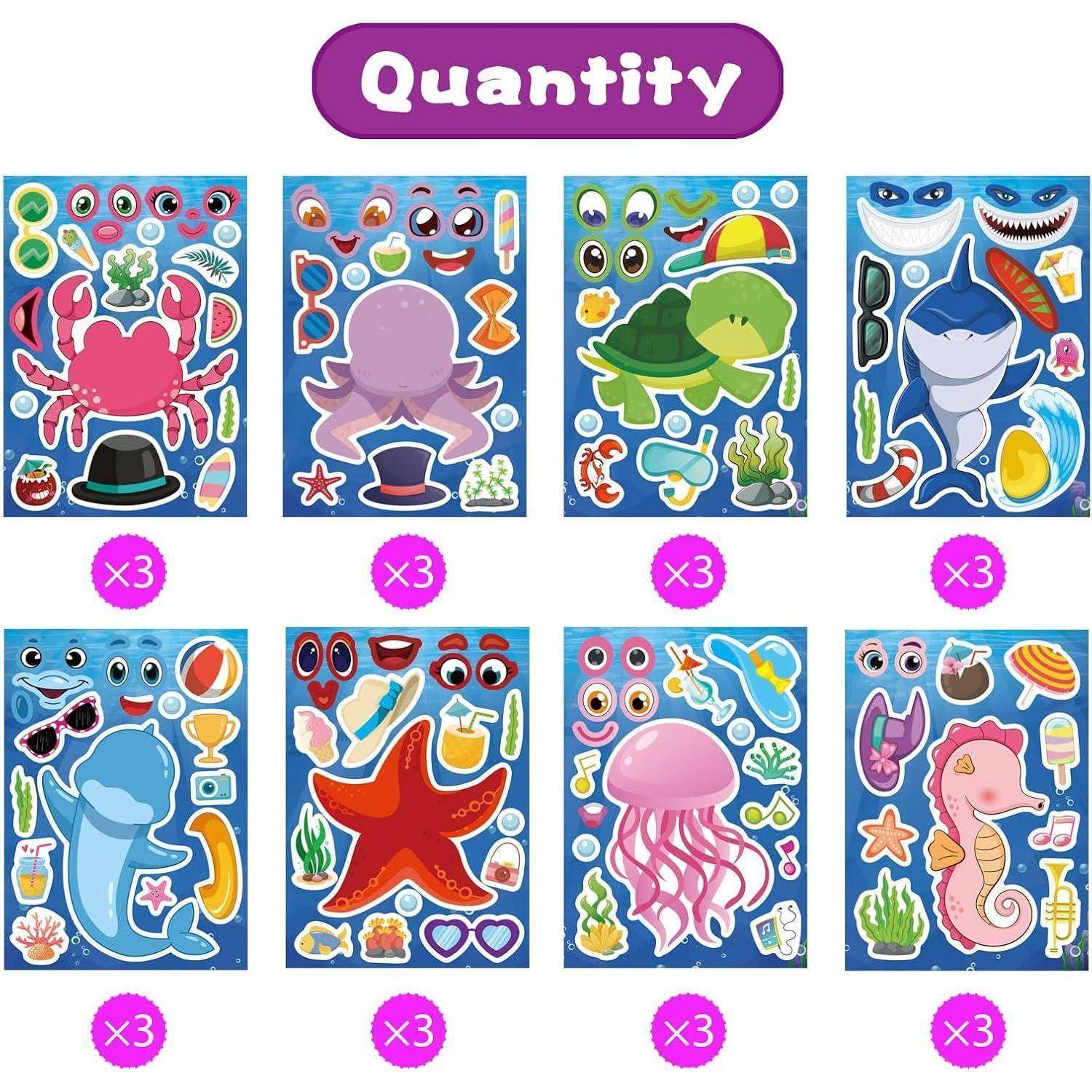 Mengendiagramm mit acht farbenfrohen Meerestier-Aufklebersätzen, jeweils im Dreierpack; enthält Krabbe, Krake, Schildkröte, Hai, Delfin, Seestern, Qualle und Seepferdchen.