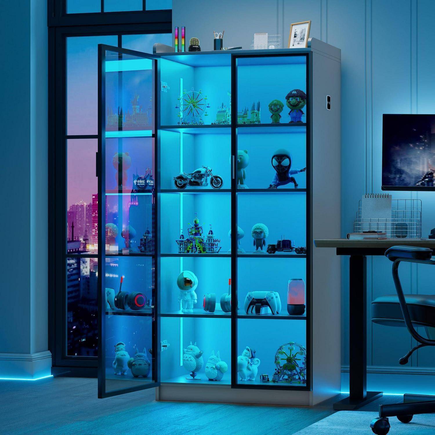 Lvifur Led Vitrine Buffetschrank Sideboard, 35 × 70 × 165 cm Smart Vitrinenschrank RGB 20 Farben Dimmbares Sideboard Intelligente Sensorik Vorratssc