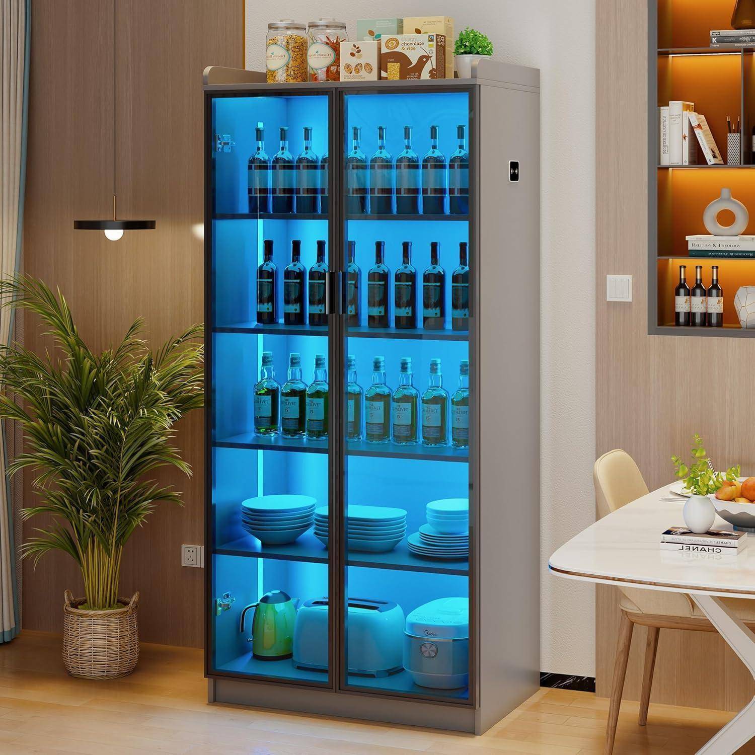 Lvifur Led Vitrine Buffetschrank Sideboard, 35 × 70 × 165 cm Smart Vitrinenschrank RGB 20 Farben Dimmbares Sideboard Intelligente Sensorik Vorratssc