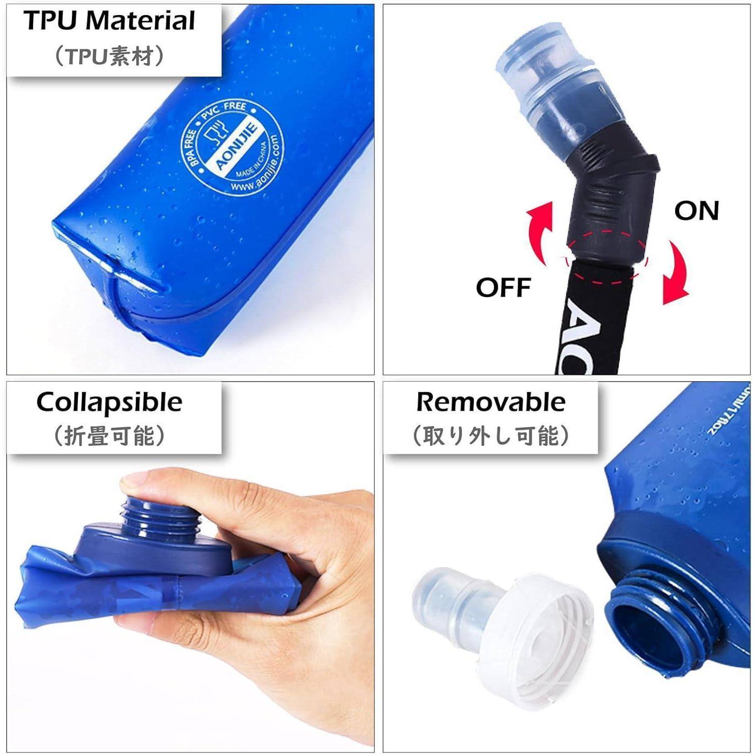 Vierteiliges Produktbild einer blauen TPU-Zusammenklappflasche: Materialdetail, Drehverschluss in AN/AUS-Stellung, Hand faltet die Flasche, und austauschbares Mundstück.