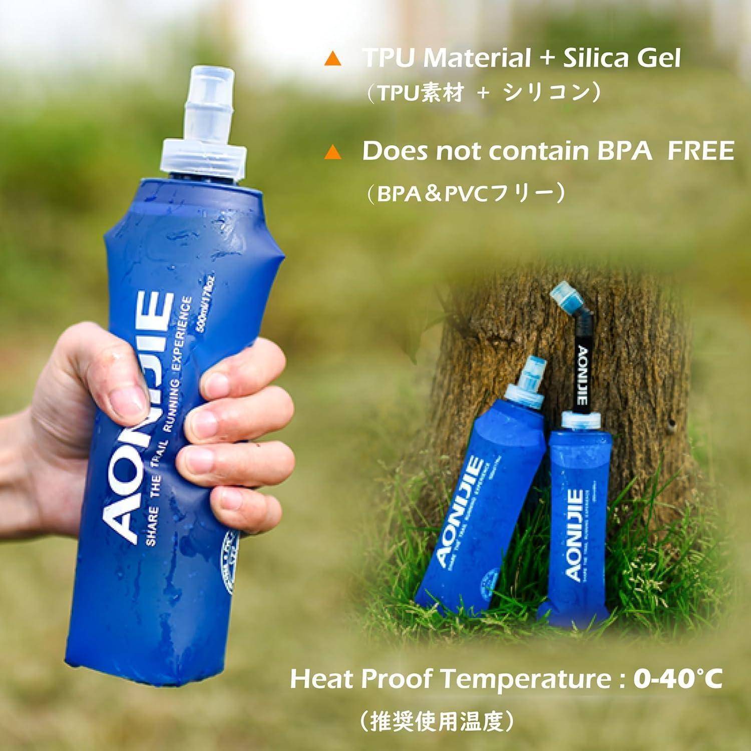 Blauer AONIJIE-Hydrationsbehälter in einer Hand, mit Text, der TPU-Material plus Silicagel, BPA-frei und hitzebeständig bis 0–40°C angibt.