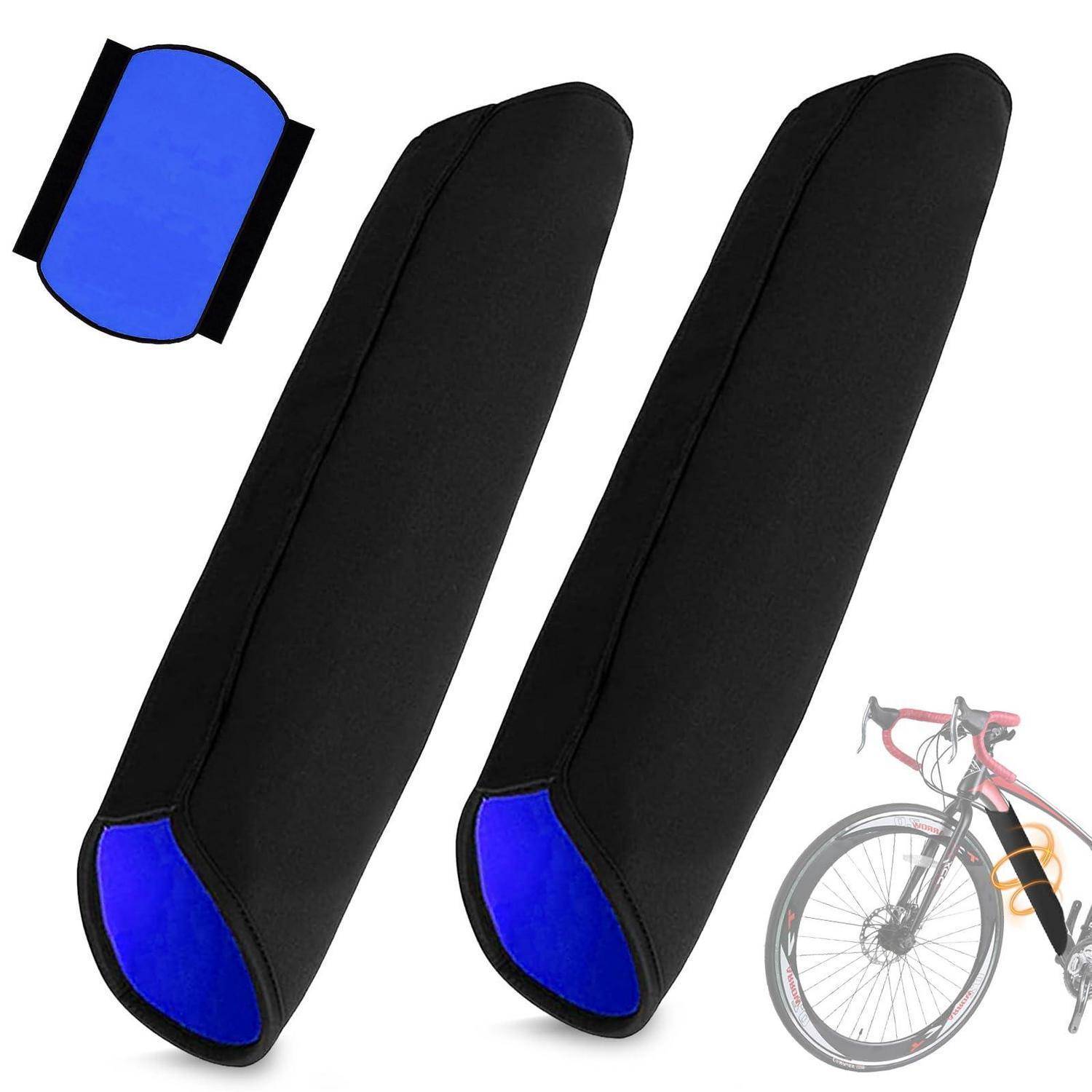 Paar schwarzer aerodynamischer Fahrrad-Radabdeckungen mit blauen ausgeschnittenen Enden, gezeigt mit einer kleinen Einschrift der Abdeckungsform und einer Fahrradrad-Illustration.
