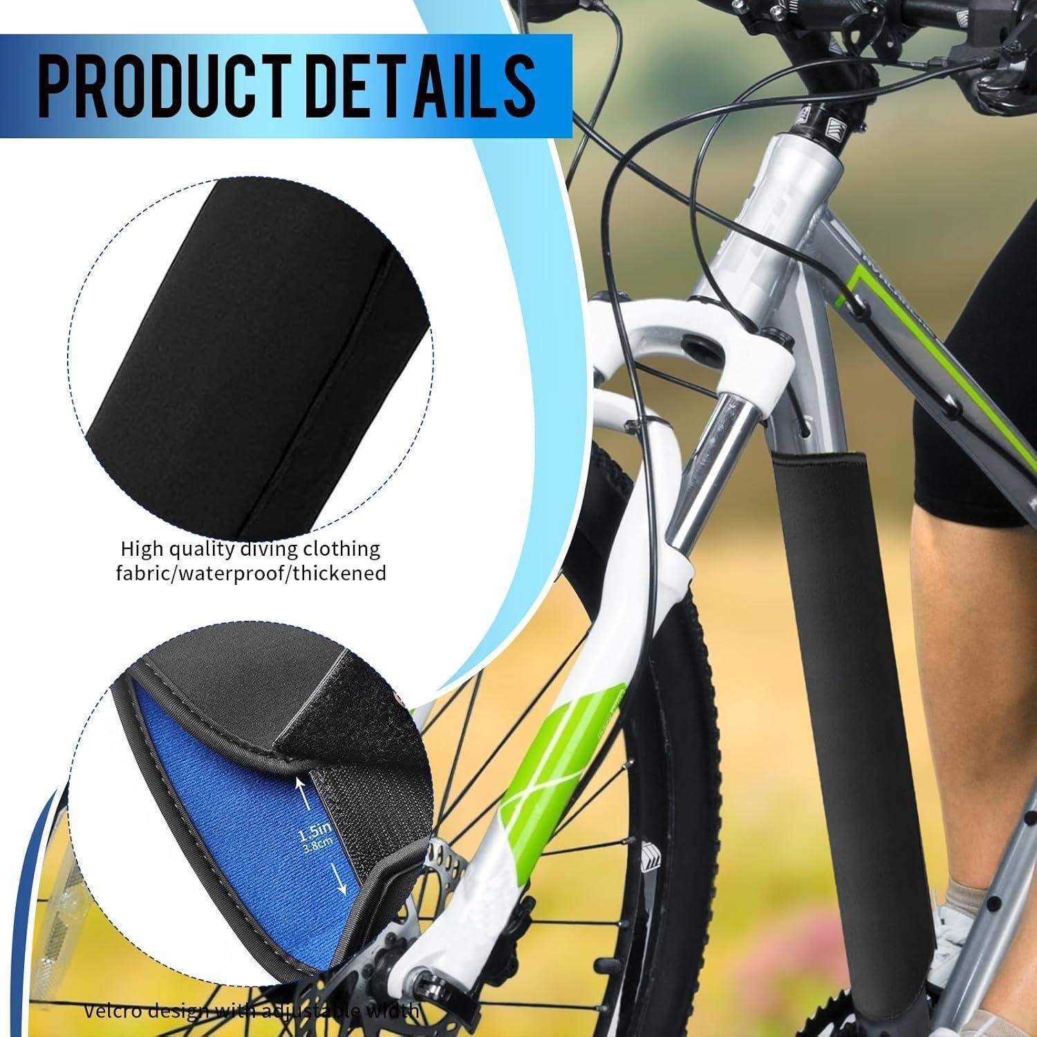 Produktdetails-Grafik für einen Fahrrad-Beingurt, der wasserdichtes gepolstertes Gewebe und einen Klettverschlussriemen zeigt, der am Fahrradrahmen befestigt ist, während ein Fahrer in die Pedale tritt.
