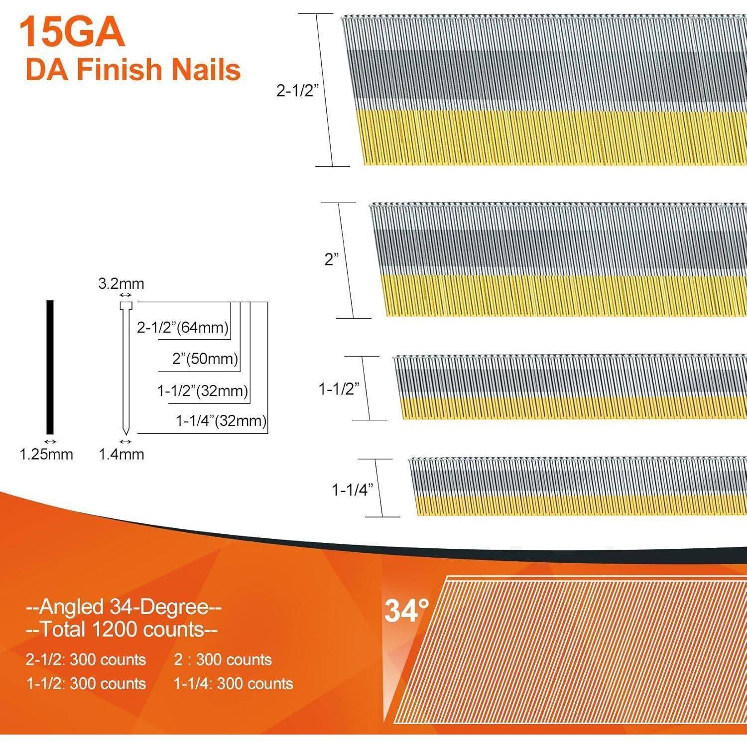 PINOZE 15 Gauge DA abgewinkelte Nägel, 34 Grad, 1200 Stück (5,1 cm, 5,1 cm, 3,8 cm, 300 Stück pro Größen), verzinkt, verschiedene Größen, für