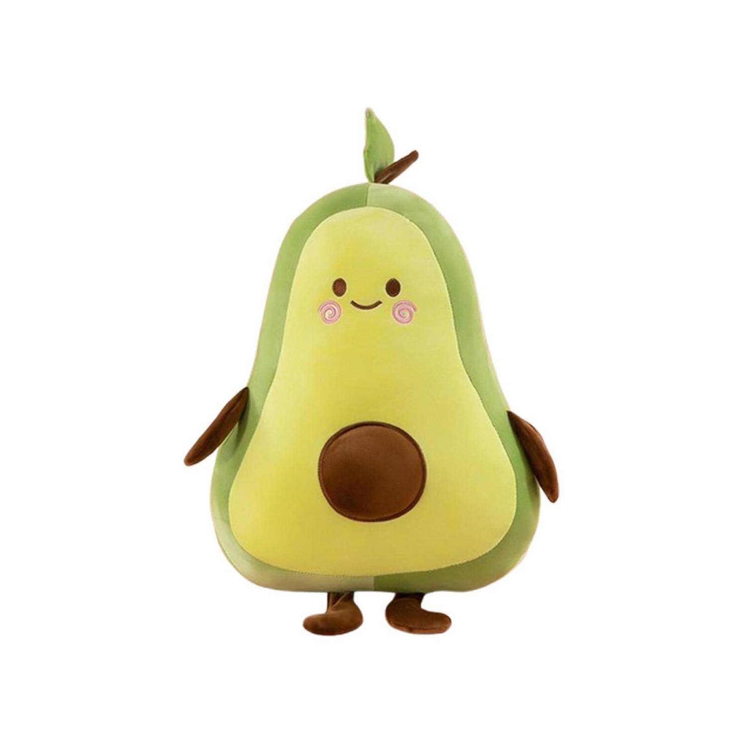Plüsch-Avocado-Figur mit lachendem Gesicht, rosa Wangen, braunem Kernbauch, Blatt oben und kleinen Füßchen auf weißem Hintergrund.